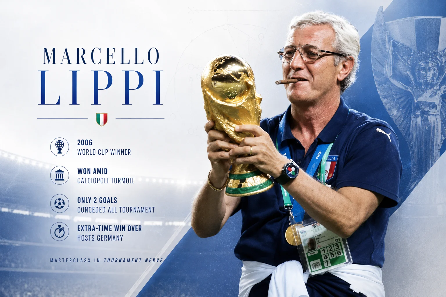 A legacy infographic profiles Italy's mastermind manager Marcello Lippi. On the right side, a sharp portrait captures a spectacled Lippi holding the golden FIFA World Cup trophy with a cigar clenched in his teeth, wearing a navy blue Puma Italy polo shirt, a winner's medal, and an official credential badge around his neck. The left panel lists his historic milestones as the 2006 World Cup winner, highlighting a triumph achieved amid the Calciopoli turmoil. It notes his defense conceded only 2 goals the entire tournament and calls out the dramatic extra-time win over hosts Germany, labeling it a masterclass in tournament nerve.