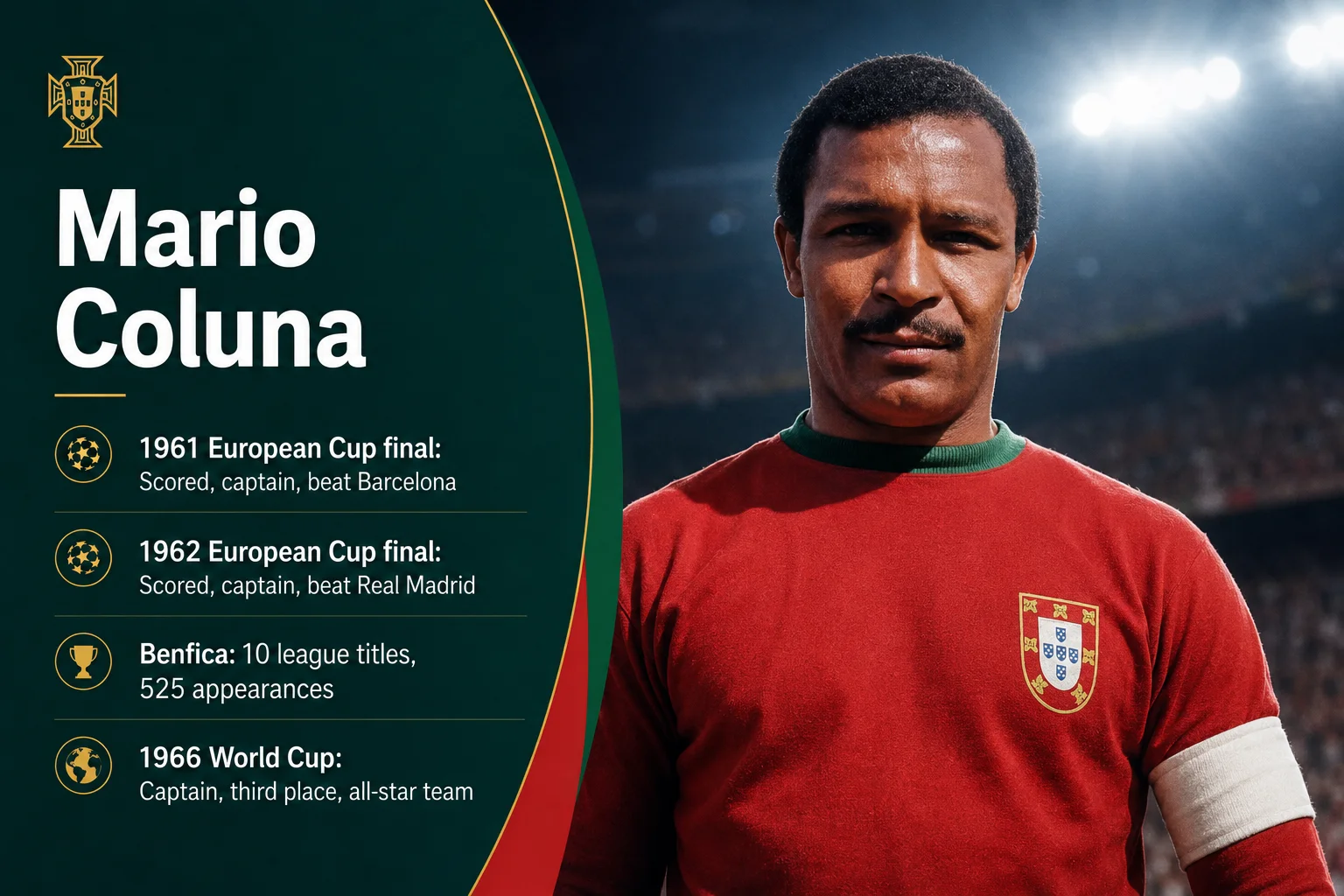 A historical tribute card titled "Mário Coluna" showcases a black-and-white photo of the elegant mid-century midfielder looking focused on the field. The background design uses deep red and gold textured patterns with a classic shield emblem in the corner. The bottom text panels call out his legendary career numbers: "57 Caps" for his international matches, "8 Goals" scored from his deep midfield role, and "1966 World Cup Captain" honoring his leadership during Portugal's historic tournament run.