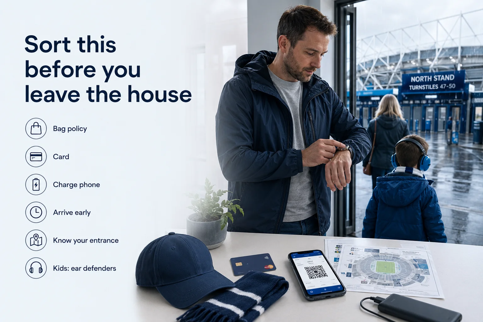 A practical guide titled "Match Day Checklist: what to pack (and what to leave)" uses a clean, split-column layout to help fans prepare for a stadium visit. The left column, shaded in green with checkmarks, highlights "What to Bring," listing an digital or printed match ticket, a small power bank for mobile devices, weather-appropriate clothing layers, and a clear bag if required by the venue's specific bag policy. The right column, shaded in red with prohibition icons, details "What to Leave Behind," explicitly listing large backpacks, professional camera gear with detachable lenses, umbrellas that block sightlines, and any external food or bottled drinks.