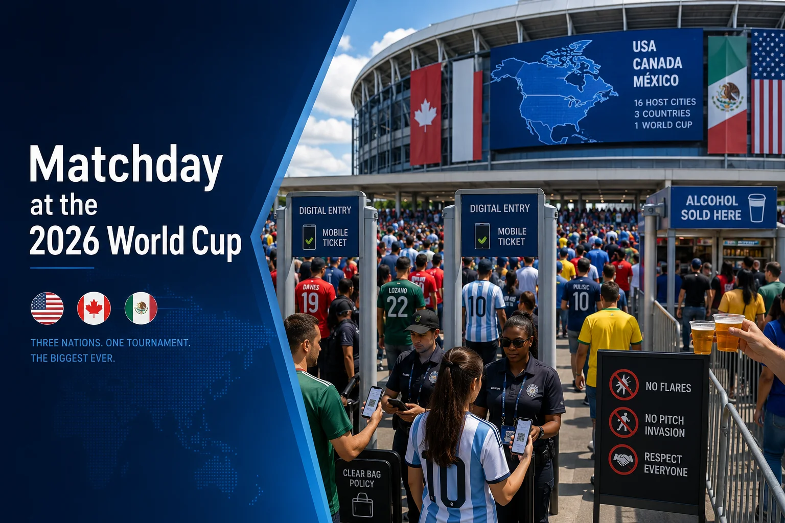A vibrant, festive promotional graphic titled "Matchday at World Cup 2026" captures the celebratory atmosphere of international football fans gathering outside a modern stadium. The image shows a diverse group of ecstatic supporters wrapped in various national flags, cheering and walking together along a sunlit promenade toward a grand, architectural stadium dome. Colorful confetti drifts through the air against a clear blue sky, evoking a sense of global unity, excitement, and anticipation ahead of a major tournament fixture.
