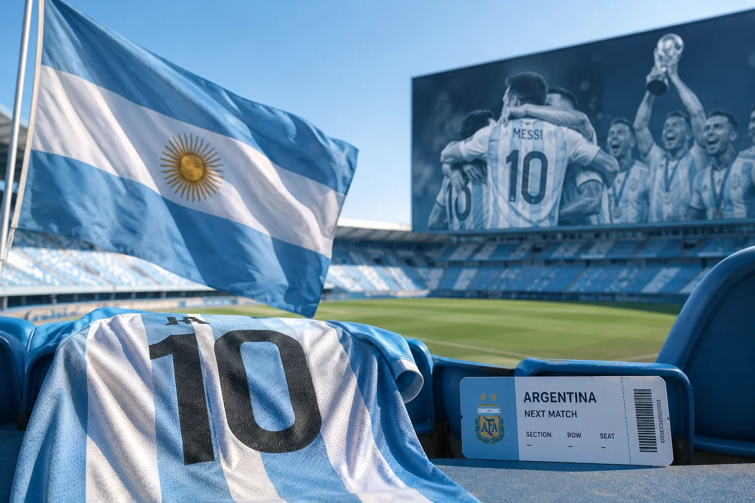 An Argentina #10 jersey draped over a blue stadium seat next to a match ticket, with a large video screen showing team celebrations in the background.