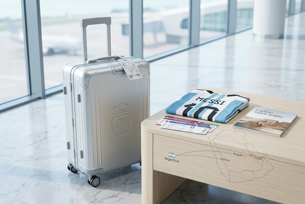 Airport lounge setup featuring a silver suitcase stamped with the Argentina crest, a folded Messi jersey, match tickets, and a route map connecting South America to the Middle East.