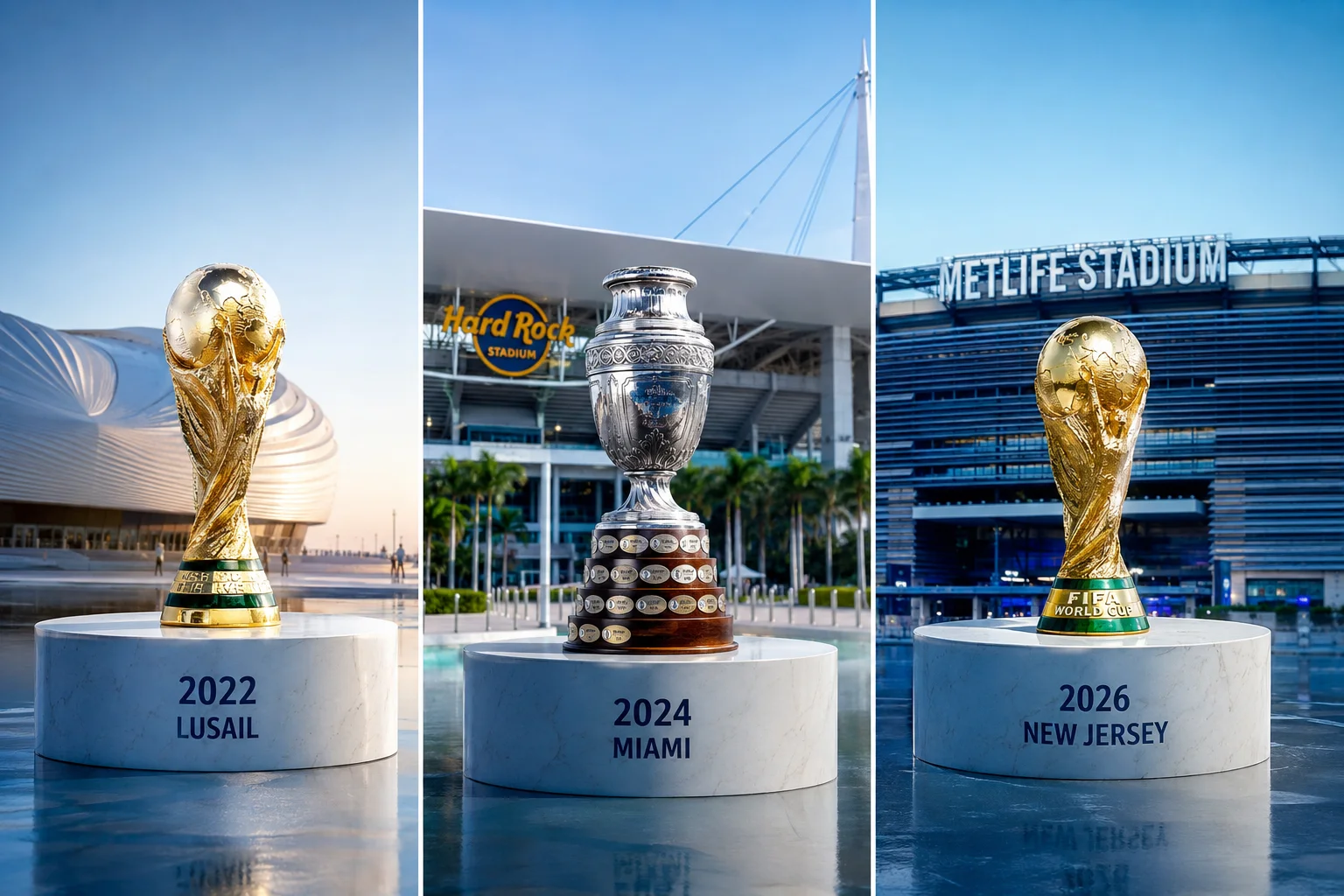 Three-panel collage showing international trophies on pedestals representing 2022 Lusail, 2024 Miami, and 2026 New Jersey outside their respective stadiums.