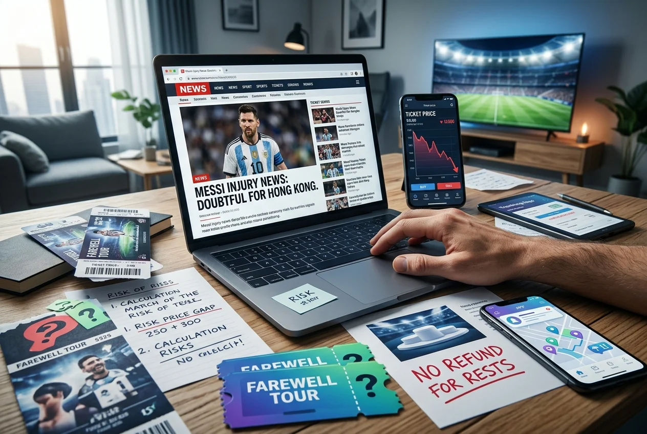 Desk setup featuring a laptop displaying a news headline reading "Messi Injury News: Doubtful for Hong Kong," surrounded by dropping ticket price charts, farewell tour tickets, and notes labeled "No Refund for Rests."