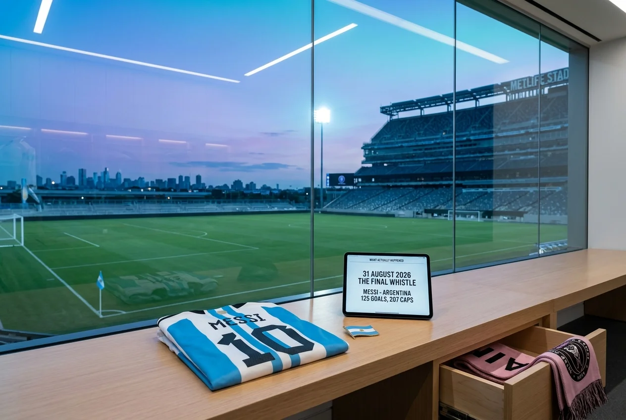 Lionel Messi's #10 Argentina jersey resting on a stadium suite counter overlooking an empty pitch, alongside a tablet displaying career stats titled "31 August 2026 The Final Whistle."