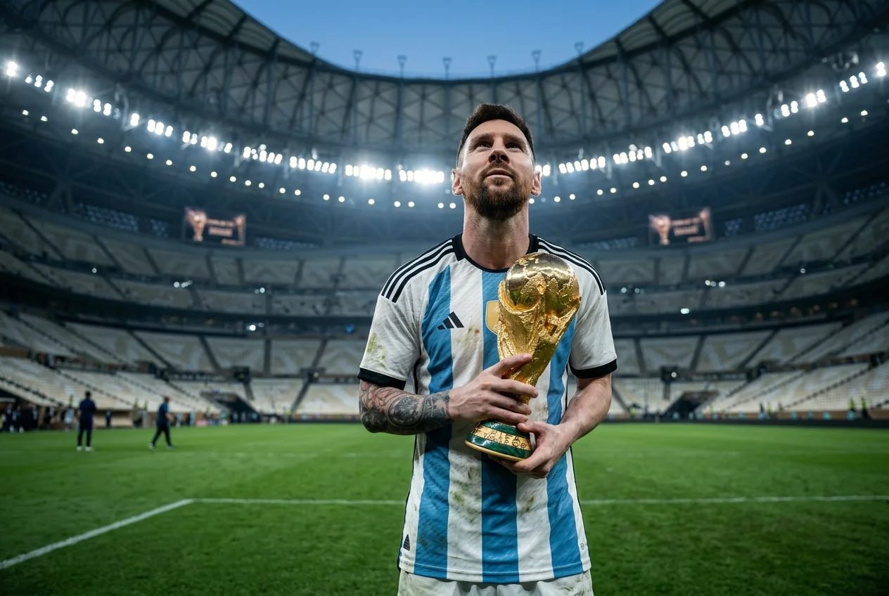 Lionel Messi standing on a stadium pitch wearing his Argentina kit, holding the golden FIFA World Cup trophy with both hands while gazing upward.