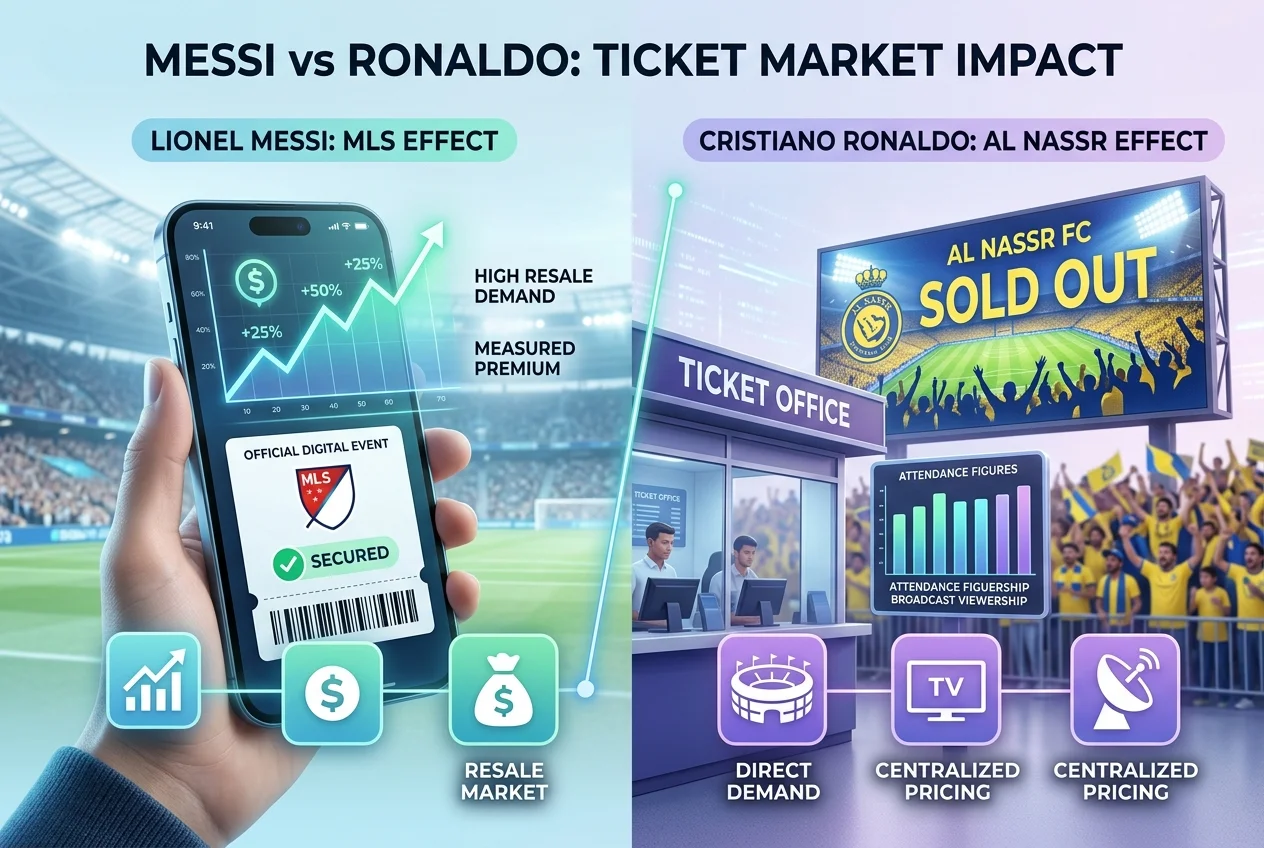 Infographic titled "Messi vs Ronaldo: Ticket Market Impact," contrasting Messi's MLS ticket resale market surge on a smartphone against Ronaldo's sold-out direct demand for Al Nassr FC.