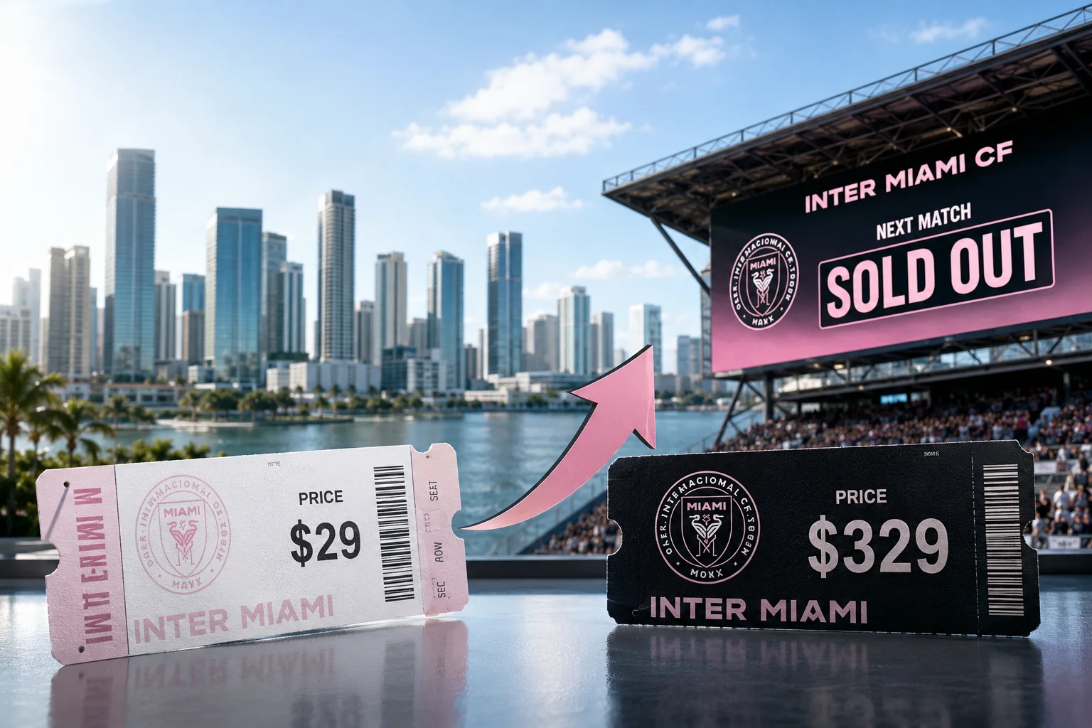Graphic illustrating an Inter Miami CF ticket price jump from $29 to $329 with a rising arrow, set against the Miami skyline and a sold-out stadium screen.