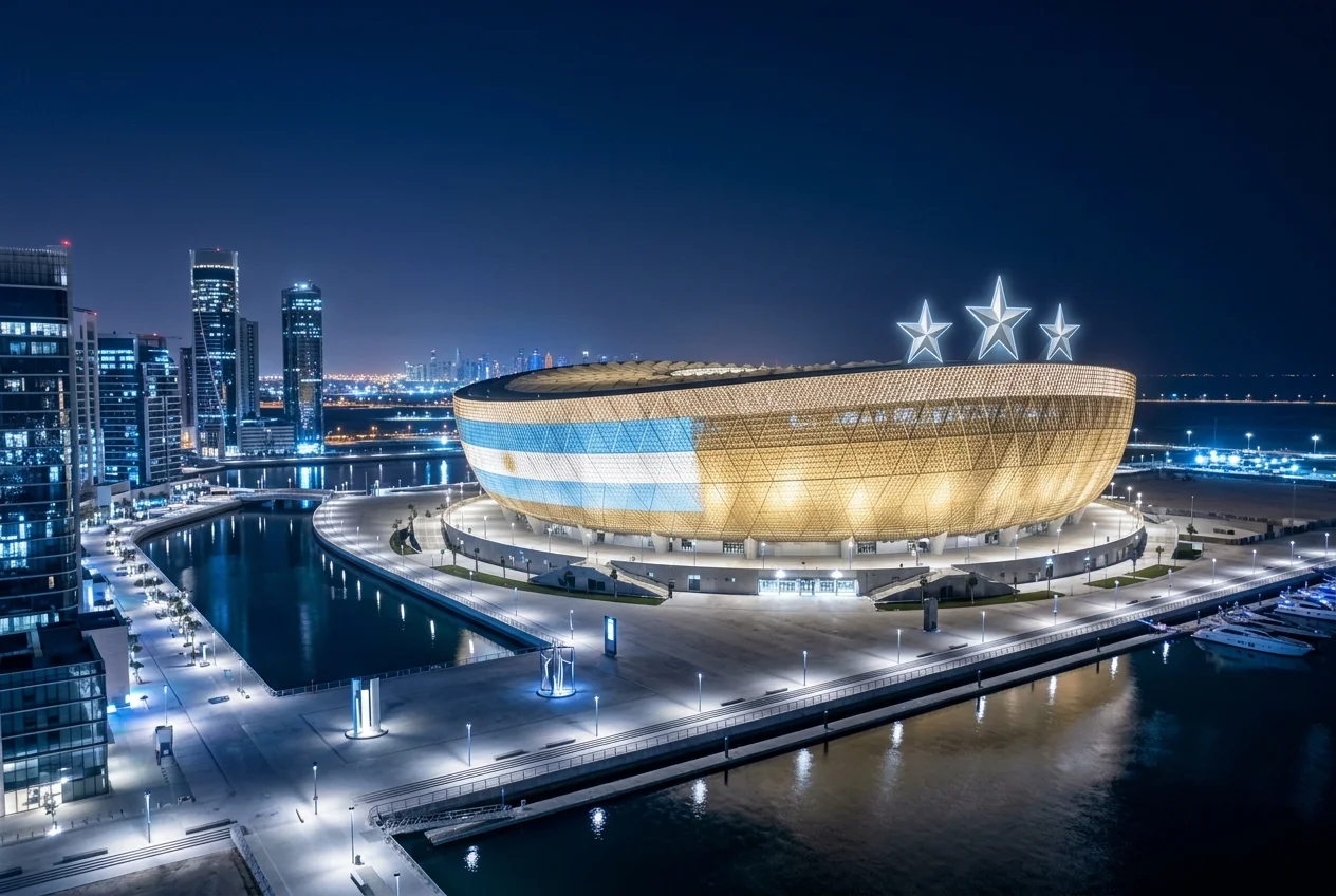 تُعرض كأس العالم الذهبية في منتصف الملعب داخل ملعب ممتلئ تحت الألعاب النارية وأضواء كاشفة في الليل.