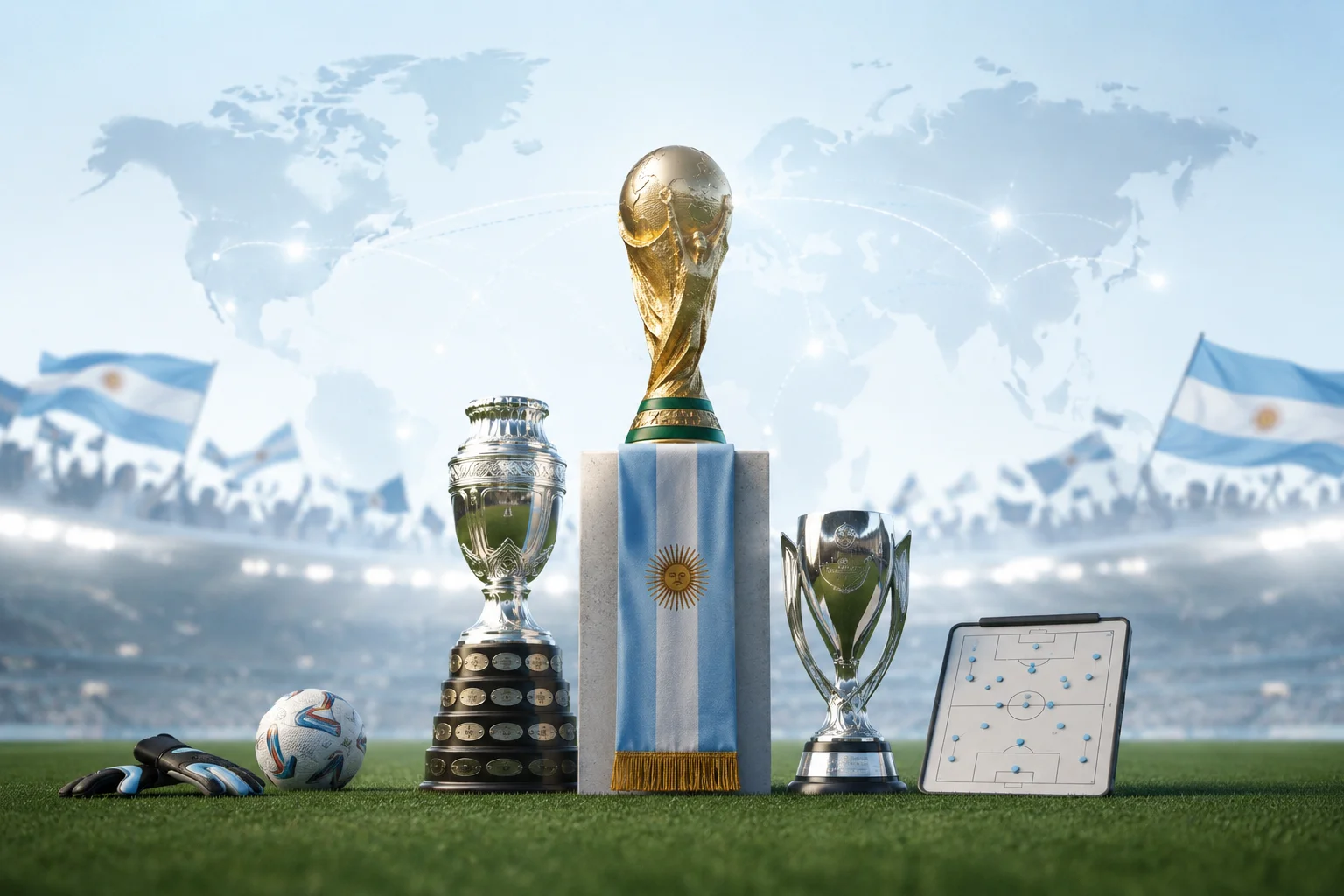 صف من الجوائز على أرض الملعب تُظهر كأس العالم FIFA ملفوفة بعلم الأرجنتين، محاطًة بكأس أمريكا، كأس فناليسما، كرة المباراة، قفازات الحارس، ولوحة تكتيكية.