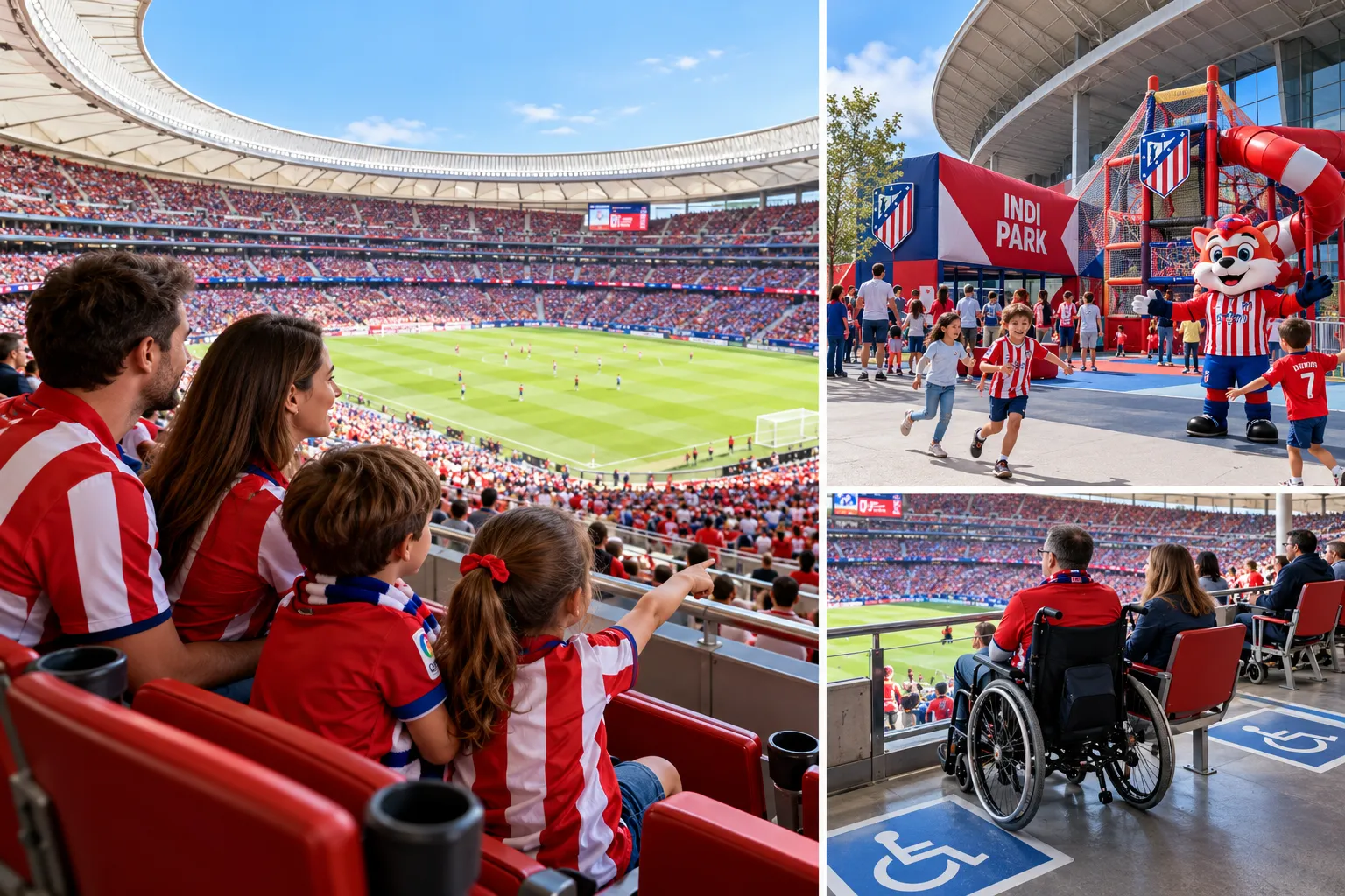 Image collage demonstrating family and accessible stadium experiences, featuring a family in the stands, children playing with the team mascot at Indi Park, and wheelchair-accessible seating areas.