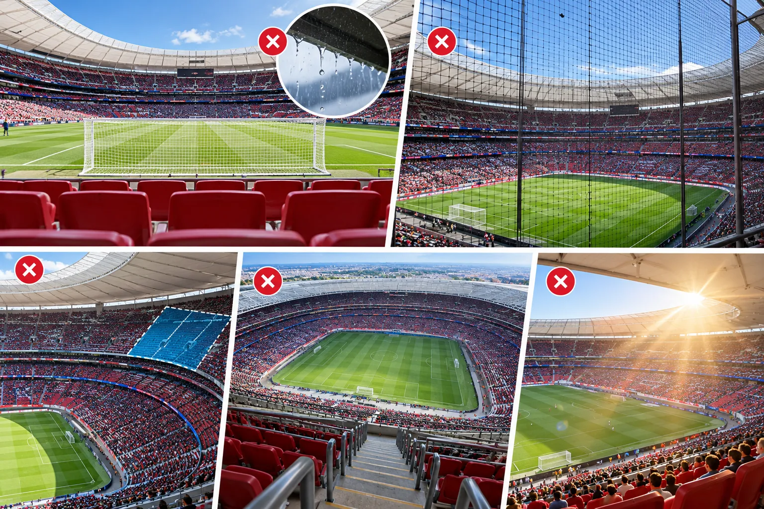 Collage displaying five stadium seating scenarios with red "X" icons warning against potential view-obstructing conditions, such as rain dripping from overhangs, safety netting, high sun glare, and extreme upper-tier distances.