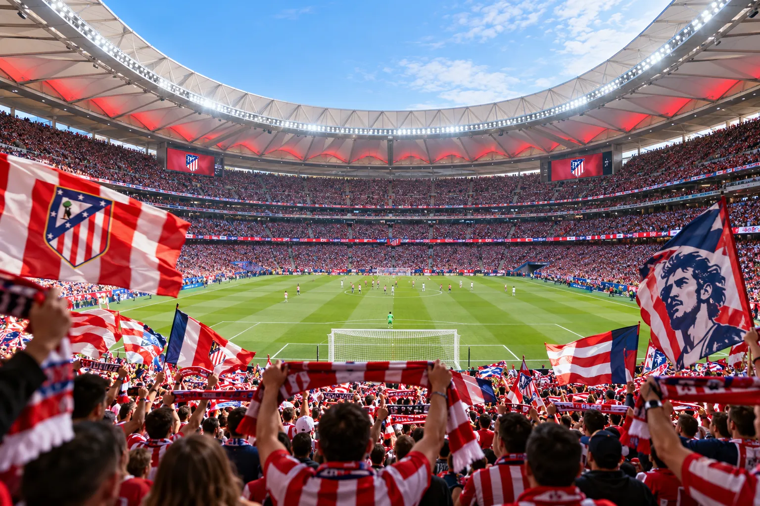 High-energy view from behind the goal showing Atlético Madrid supporters waving team flags and scarves during a live match.