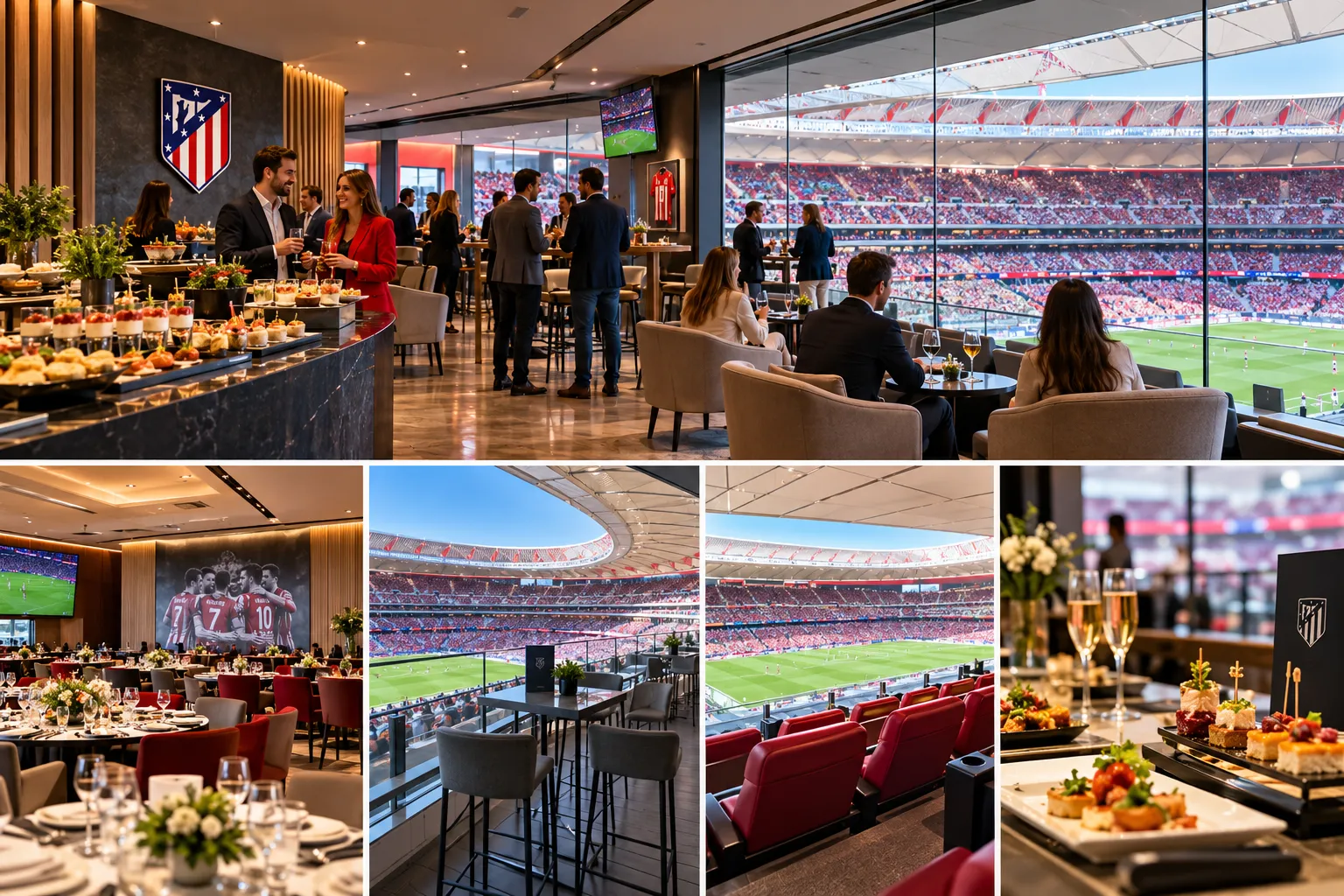 Photo collage showcasing VIP hospitality options at the stadium, including luxury glass-fronted lounges, fine dining, upscale seating, and pitch views.
