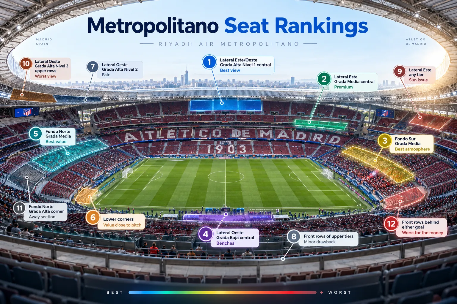 Comprehensive seat ranking guide for Riyadh Air Metropolitano stadium, featuring 12 highlighted seating areas ranked on a color-coded spectrum from best view to worst.