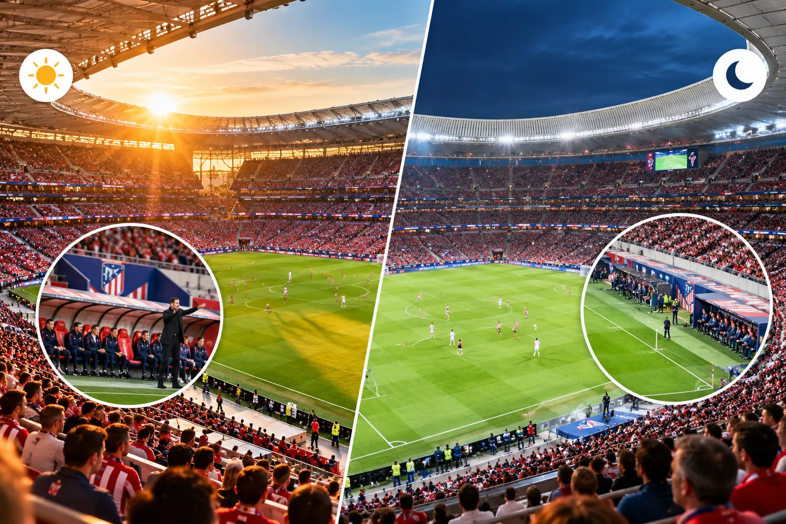 Split-screen comparison of the pitch-level view from the main stand during a daytime match with bright sunlight versus a night match under floodlights.