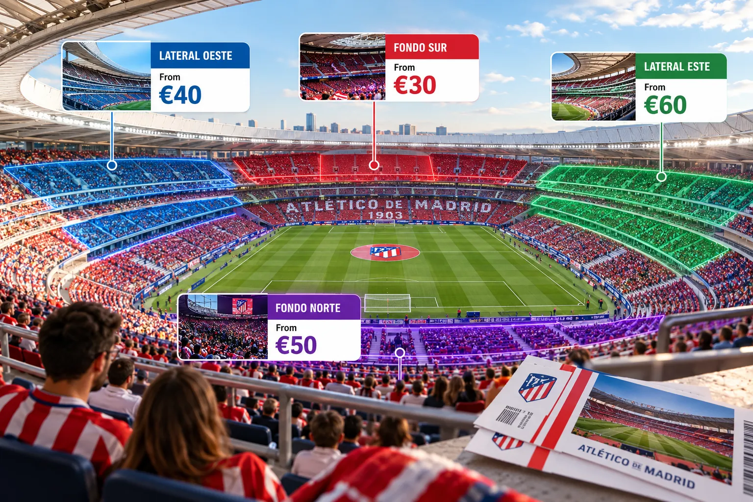 Panoramic view of Metropolitano Stadium with color-coded overlays indicating ticket starting prices for Lateral Oeste (€40), Fondo Sur (€30), Lateral Este (€60), and Fondo Norte (€50).