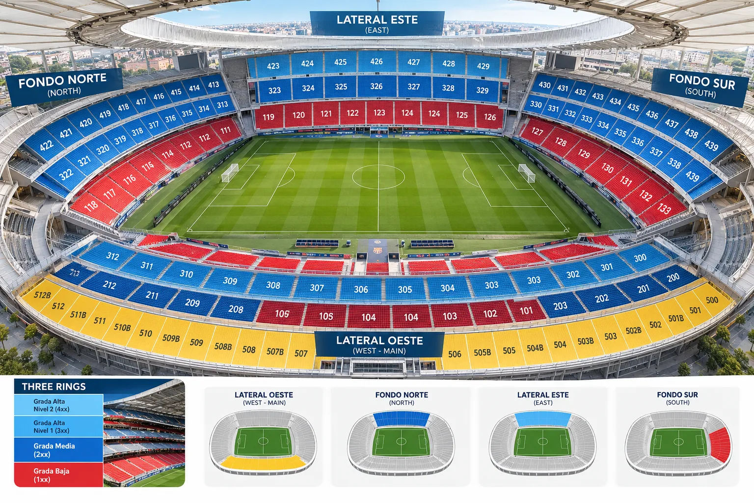 Detailed seating map of the Metropolitano Stadium showing block numbers across all stands (Fondo Norte, Lateral Este, Fondo Sur, Lateral Oeste) and diagrams breaking down the tier levels and stand locations.