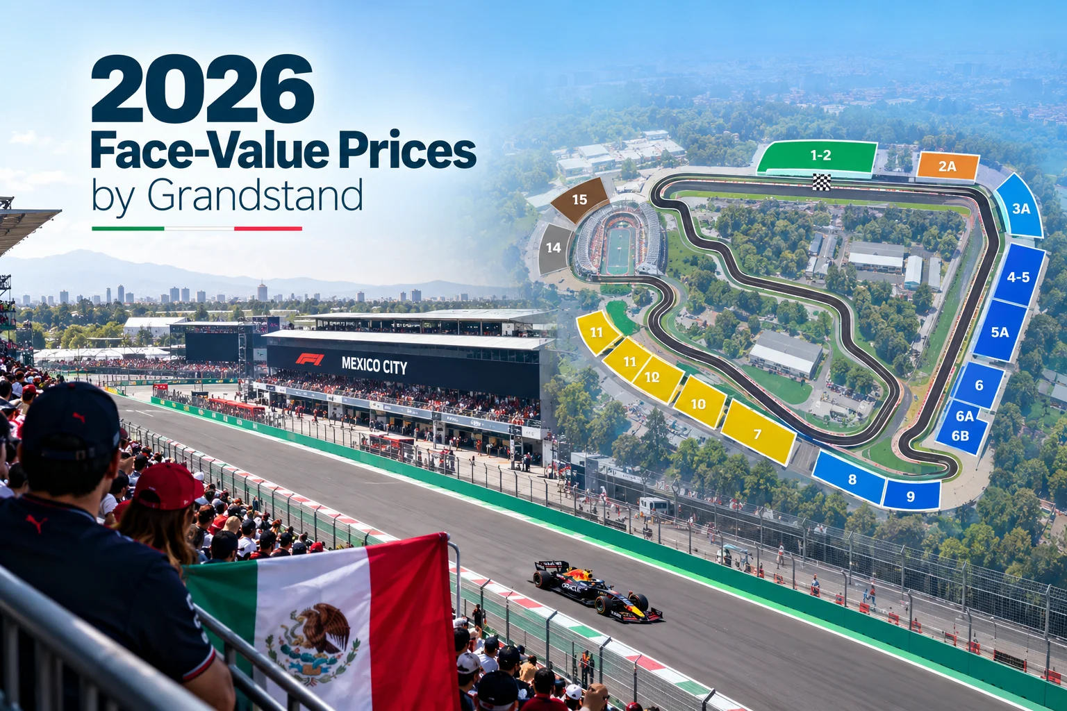 خريطة مسار حلبة جائزة المكسيك الكبرى من الأعلى، مع إطلالة على سيارة ريد بول F1 تسير بجوار المدرج الرئيسي وعلم المكسيك.