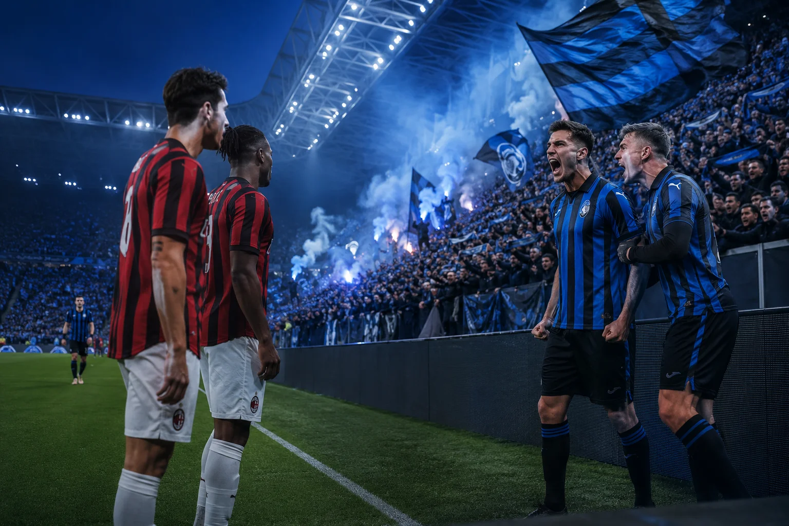 A dynamic pitch-level shot capturing a moment of high tension between rival players during a match. On the left, two AC Milan players in red-and-black striped shirts stand calmly on the field. On the right, two Atalanta players in black-and-blue vertical stripes celebrate aggressively near the touchline, roaring with intensity in front of a roaring home crowd surrounded by blue smoke flares and waving team flags.