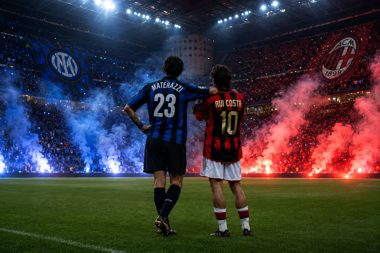 An iconic scene from the Derby della Madonnina at San Siro. Viewed from behind, Inter Milan's Marco Materazzi (wearing number 23) leans comfortably on the shoulder of AC Milan's Rui Costa (wearing number 10) as both stand side-by-side watching the match play out. In the background, the stadium stands are split into two halves—one illuminated by blue smoke and the Inter crest, and the other glowing with red flares and the AC Milan badge.