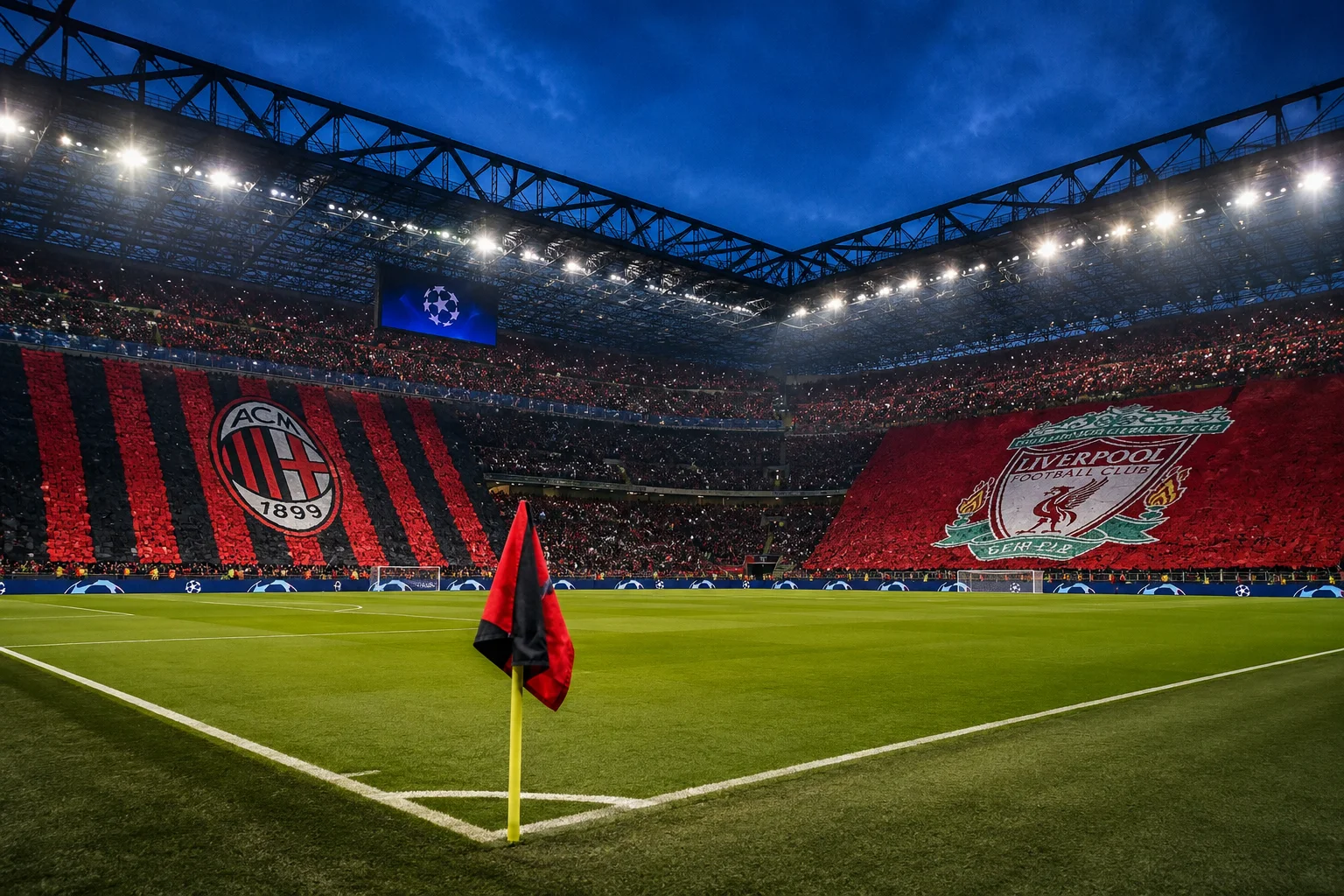 A low-angle view from behind a corner flag looking out across a packed stadium during a UEFA Champions League match at night under bright floodlights. The stands are divided into two massive choreographies: the left side displays AC Milan's red-and-black stripes with their club crest, while the right side displays a massive red tifo featuring the Liverpool Football Club crest and "You'll Never Walk Alone" motif.