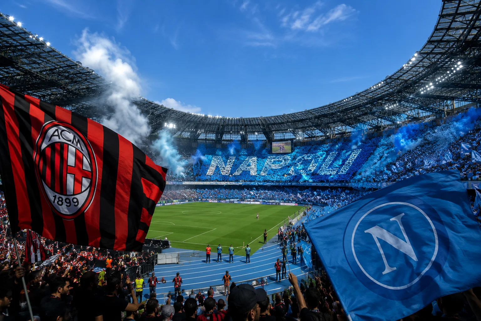 A wide, vibrant stadium view taken from the stands during a match between AC Milan and Napoli. In the foreground, an AC Milan red-and-black flag waves on the left while a large blue SSC Napoli flag is held up on the right. Across the pitch, the opposing stands are filled with thousands of fans holding up blue placards to spell out the word "NAPOLI" in huge letters amid blue smoke.