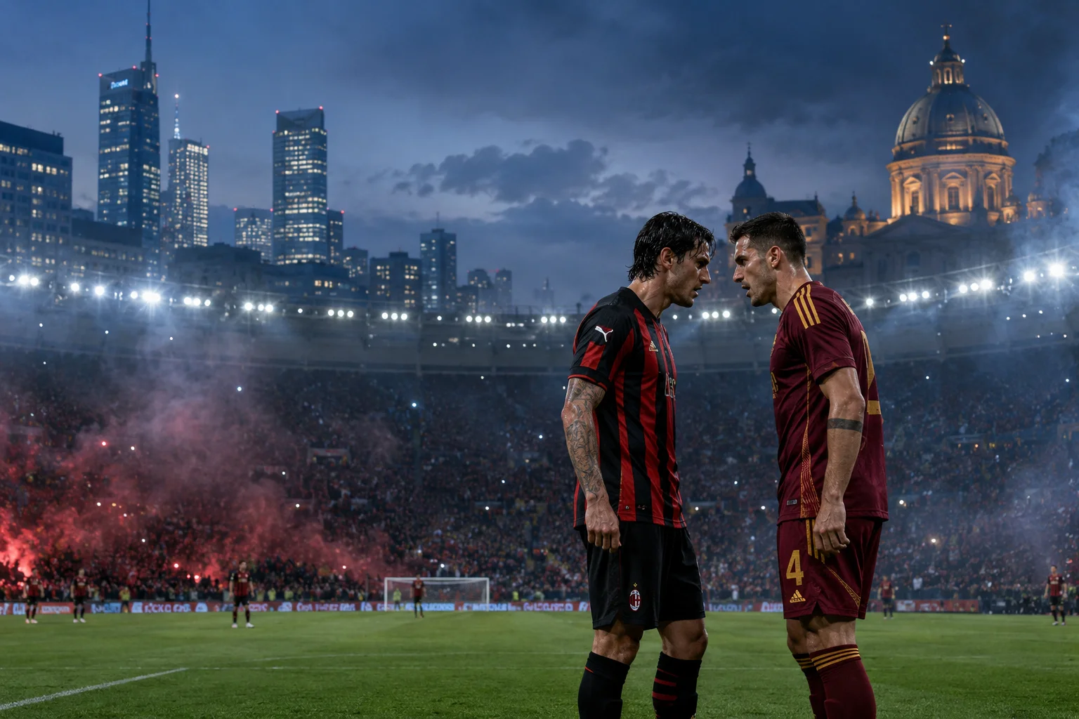 A tense, atmospheric night scene on a football pitch showing an AC Milan player and an AS Roma player standing nose-to-nose in a heated confrontation. Flaming red flares illuminate the packed stadium stands behind them in smoke, while the iconic skylines and historic domes of Milan and Rome merge dramatically in the twilight sky above the arena.