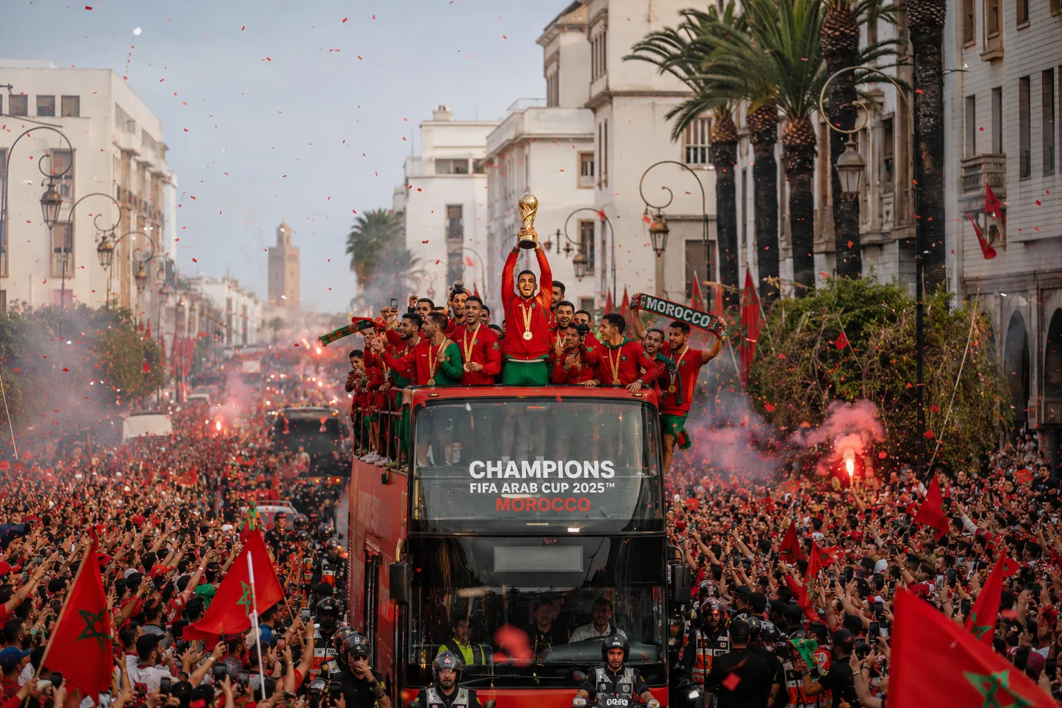 مهرجان انتصارات ضخم يحتفل بفريق المغرب الوطني لكرة القدم. اللاعبون متجمعون في الطابق العلوي المفتوح لحافلة ذات طابقين حمراء تتجول في شارع مزدحم تلاصقه مبانٍ بيضاء وأشجار النخيل. لاعب واحد يقف وسطًا في المقدمة، رافعًا كأسًا ذهبية كبيرة في الهواء. واجهة الحافلة تعرض نصًا يقول "أبطال كأس العرب 2025™ المغرب". حشد هائل من المشجعين المتحمسين يحيط بالمركبة، يلوحون بأعلام مغربية حمراء، يضيئون الألعاب النارية التي تطلق دخانًا أحمر، ويرمون الحلوى الحمراء في الهواء.