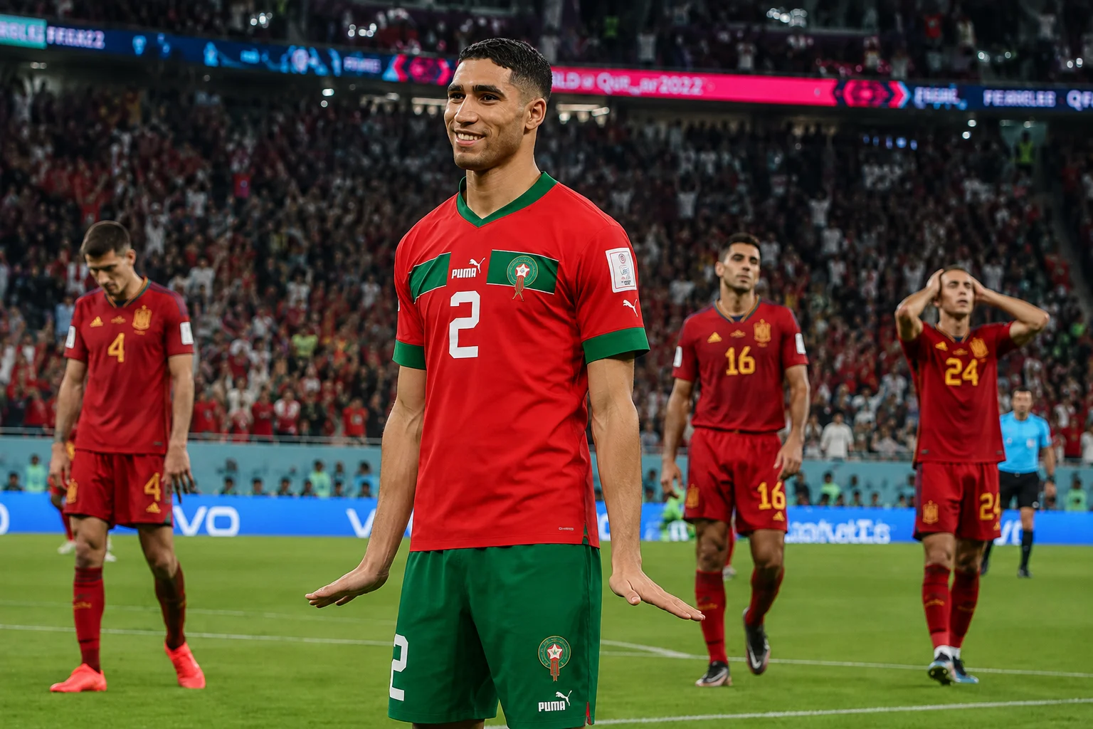 المدافع المغربي أشرف حكيمي يحتفل بلحظة تاريخية على الملعب. يقف مركزيًا في المقدمة، يبتسم حكيمي بشكل واسع أثناء أدائه لرقصته الاحتفالية الشهيرة، والكفان متجهتان نحو الأسفل عند جانبي الجسم. يرتدي قميصه الأحمر والأخضر مع الرقم 2. خلفه، يقف ثلاثة لاعبين إسبان في قمصان حمراء بتعبيرات خيبتها غير المبتهجة، بما في ذلك واحد يُمسك برأسه من الإحباط. المدرجات مليئة بالمشجعين المتحمسين تحت الأضواء الساطعة.