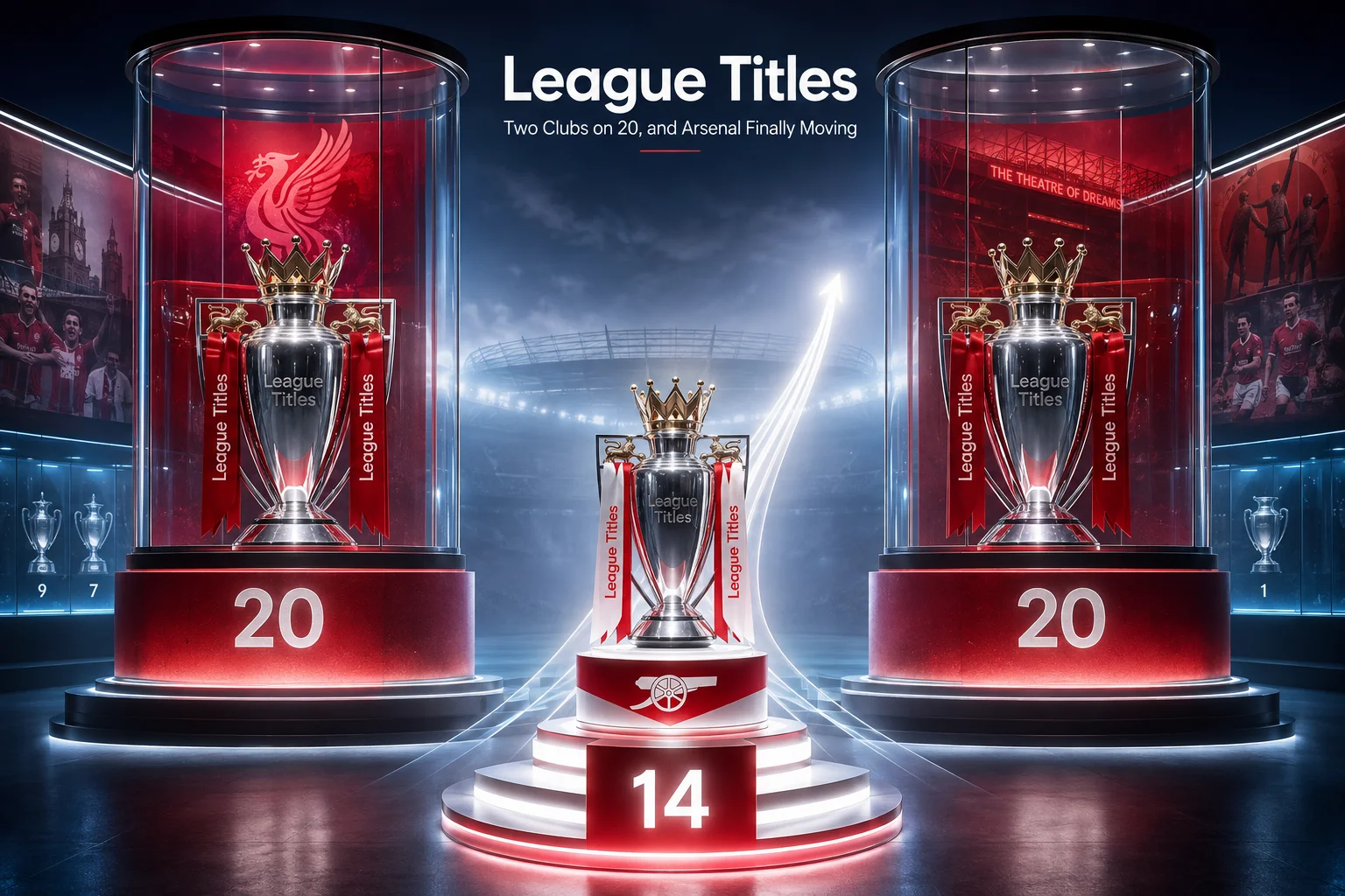 ليفربول ومانشستر يونايتد متساويان في 20 لقبًا في الدوري الإنجليزي مع آرسنال عند 14