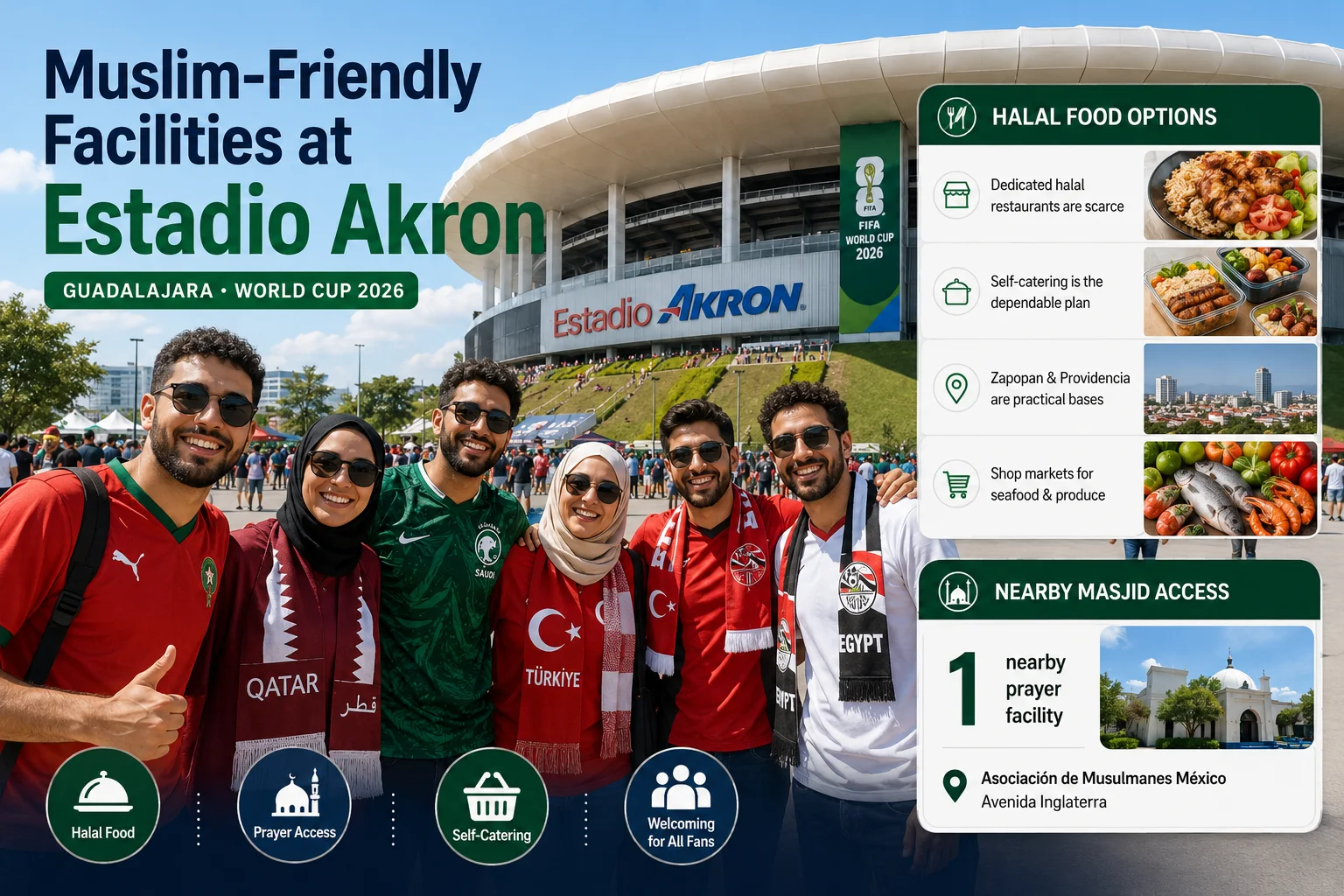 رسم معلوماتي بعنوان "مرافق صديقة للمسلمين في ملعب أستاديو أكرون" لكأس العالم 2026 في جواناخوات. الصورة تظهر ستة مشجعين مسلمين في ملابس فرق وطنية متنوعة، يبتسمون بسعادة أمام الاستاد. تنصح اللوحة اليمنى بأنه عادة ما تكون المطاعم الحلال نادرة، وتقترح تقديم الطعام بشكل ذاتي، والتسوق من الأسواق، أو استخدام زابوبان وبروفيدنس كقواعد عملية. تسلط اللوحة السفلية الضوء على مركز صلاة قريب: جمعية المسلمين المكسيكية في شارع إنجلترا.