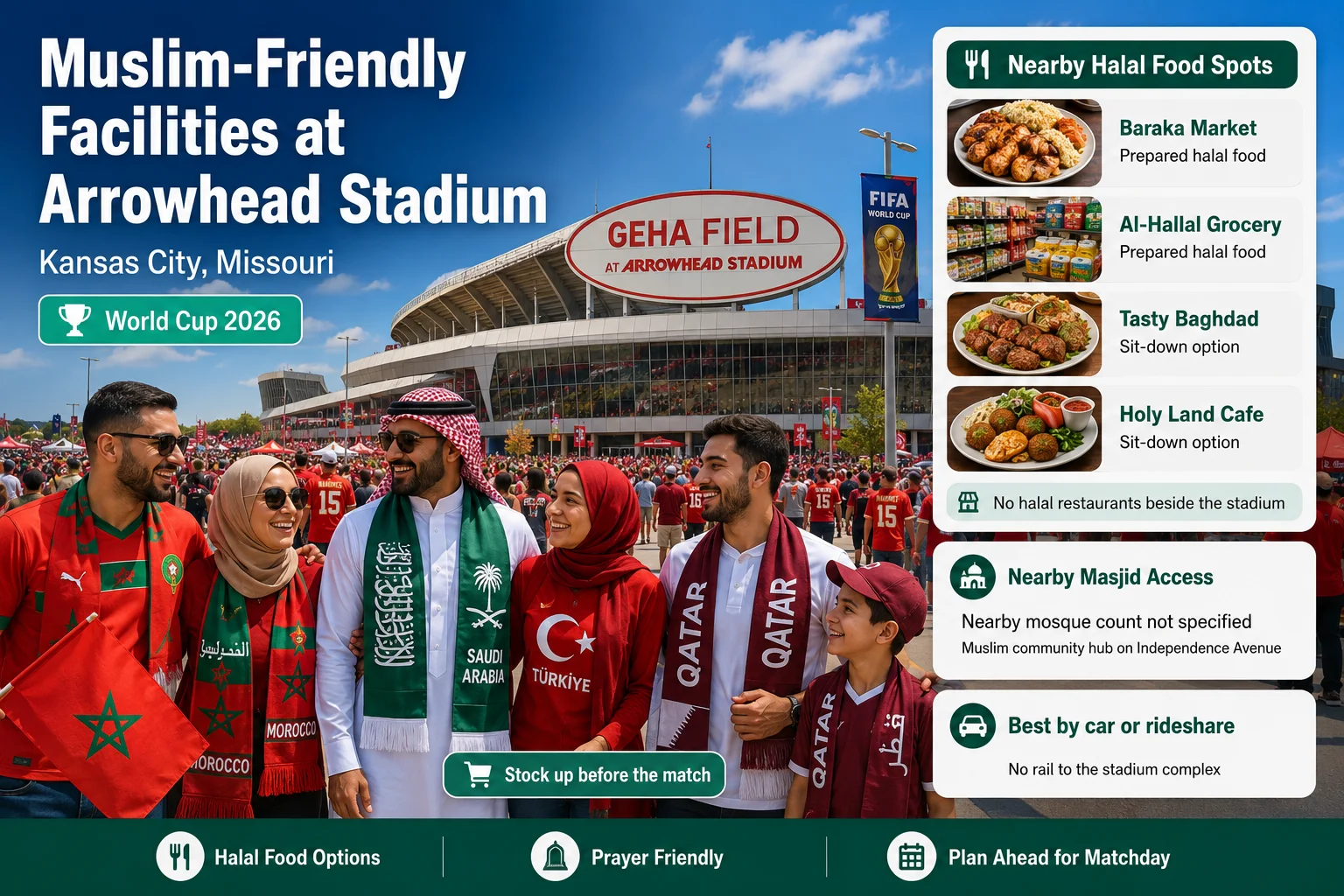 رسم معلوماتي بعنوان "مرافق صديقة للمسلمين في ملعب آروهيد" لكأس العالم 2026 في GEHA Field في مدينة كانساس، ميزوري. تضم مجموعة من مشجعي كرة القدم المسلمين، بما في ذلك صبي صغير يرتدي قبعة قطرية، أمام ساحة مزدحمة بالاستاد. تسرد اللوحة الجانبية أماكن الطعام الحلال القريبة مثل باراكا ماركت، ومحلات الأطعمة الحلال، وتذوق بغداد، ومقهى الأرض المقدسة، مشيرة إلى عدم وجود خيارات حلال بجوار الاستاد. تسلط النص السفلي الضوء على مركز مجتمعي مسلم في شارع الاستقلال وتذكر أن الوصول إلى المكان يكون بالسيارة أو خدمات النقل.