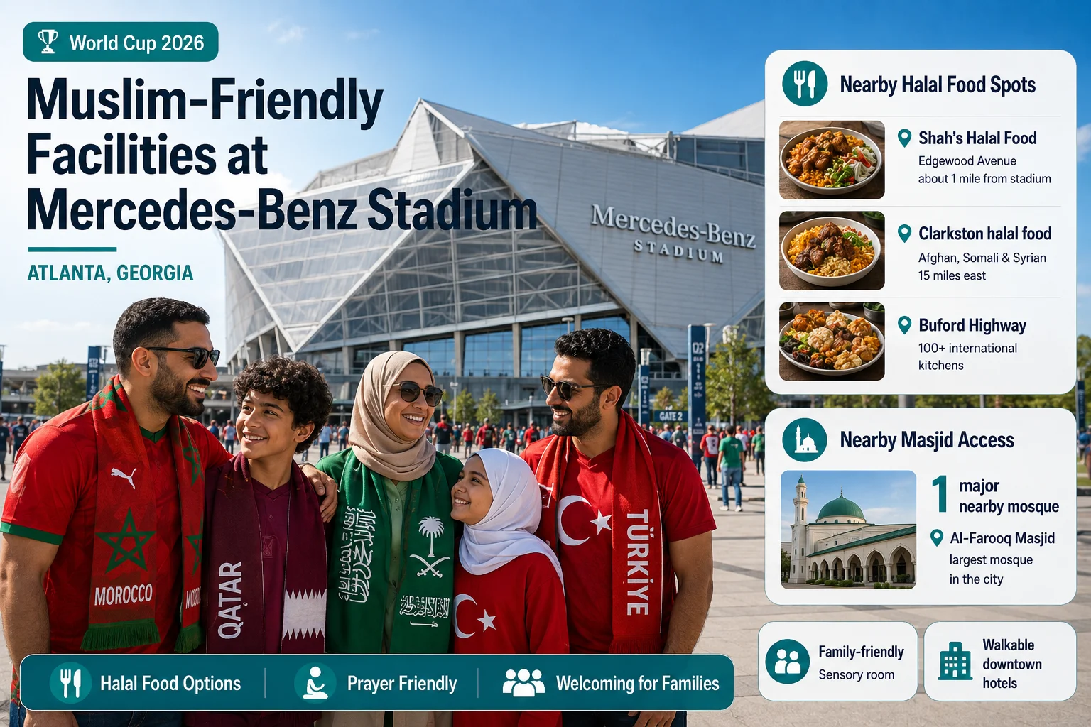 رسم معلوماتي بعنوان "مرافق صديقة للمسلمين في ملعب مرسيدس بنز" لكأس العالم 2026 في أتلانتا، جورجيا، يُظهر العمارة الفريدة للمبنى. عائلة من خمسة مشجعين مسلمين، بما في ذلك طفلين صغيرين، يقفون معاً بسعادة. يدرج الجانب الأيمن أماكن الطعام الحلال القريبة: طعام شاح على شارع إدج وود، طعام حلال من كلاركستون على بعد 150 ميلاً إلى الشرق، وطريق بوفورد. تبرز اللوحة السفلية جهة واحدة من المساجد الكبيرة القريبة، مسجد الفاروق (أكبر مسجد في المدينة). تبرز أيقونات إضافية ميزات صديقة للعائلة مثل غرفة حسية وفنادق قريبة من وسط المدينة.