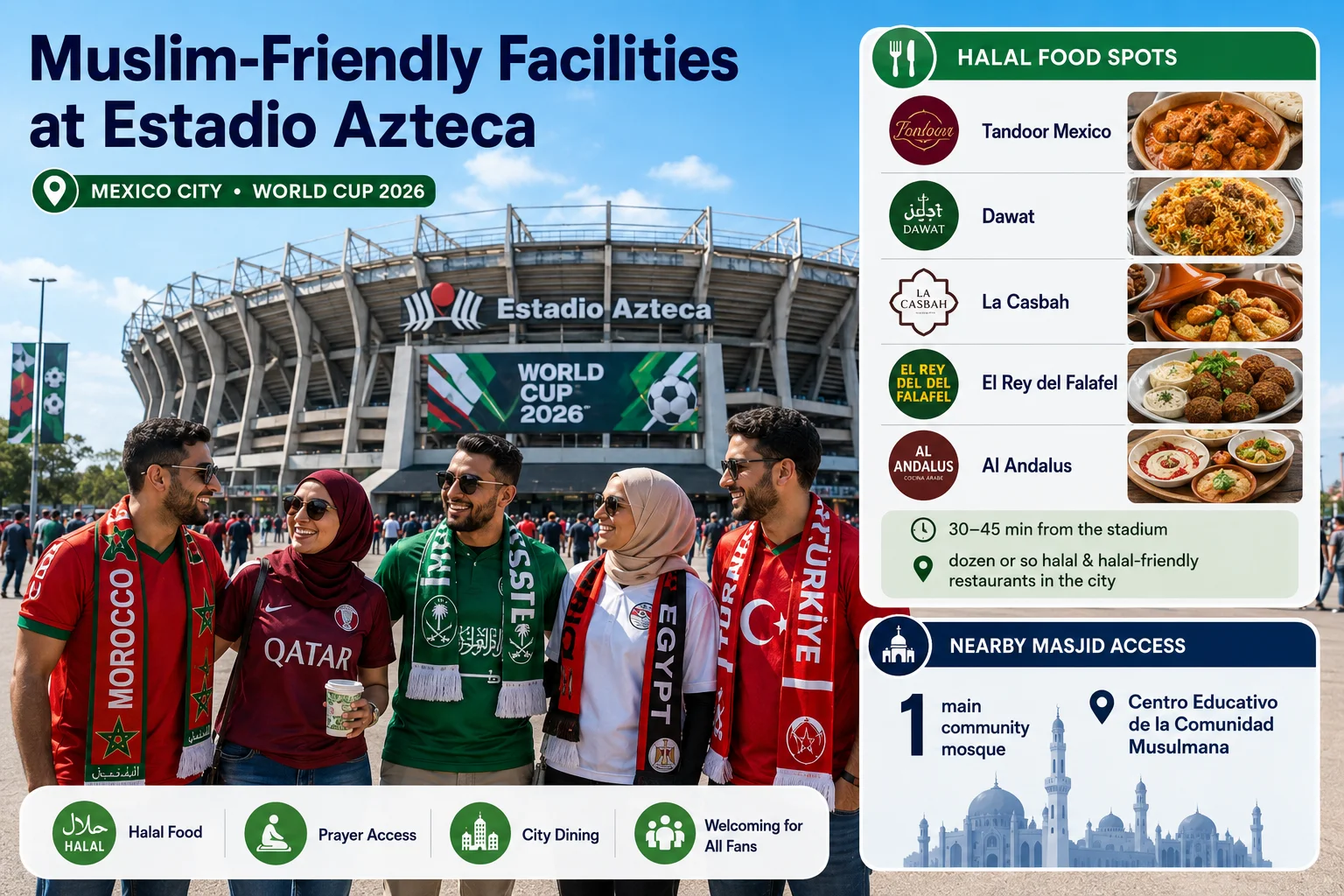 رسم معلوماتي بعنوان "مرافق صديقة للمسلمين في ملعب أستاديو أزتيكا" لكأس العالم 2026 في مدينة المكسيك. الصورة الأساسية تظهر خمسة مشجعين مسلمين مبتسمين يرتدون قمصان وشالات تمثل المغرب وقطر والسعودية ومصر وتركيا، يقفون أمام ملعب أستاديو أزتيكا. تسرد اللوحة الجانبية الحقيقية خمسة أماكن طعام حلال—تاندور المكسيك، داوات، الكازبا، ملك الفلافل، والأندلس—مشيرة إلى أنهم يبعدون 30-45 دقيقة عن الاستاد. تسلط اللوحة السفلية الضوء على الوصول إلى مأذنة المركز التعليمي لجمعية المسلمين.