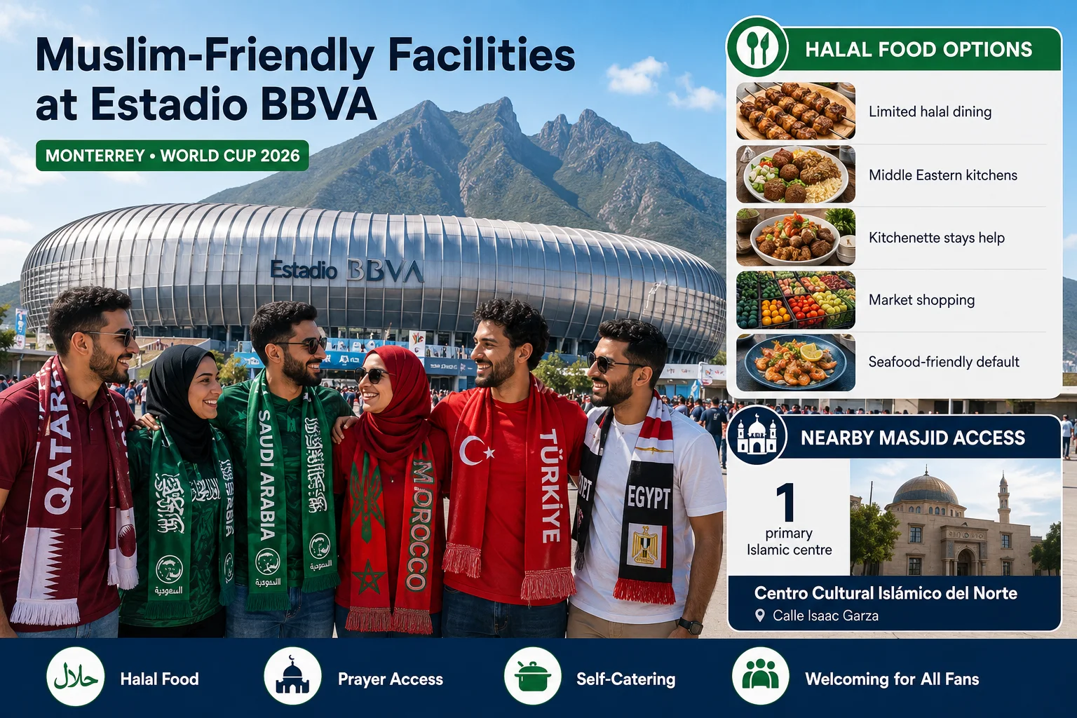 رسم معلوماتي بعنوان "مرافق صديقة للمسلمين في ملعب BBVA" لكأس العالم 2026 في مونتري، وضعت في خلفية دراماتيكية من الجبال خلف الاستاد. يظهر ستة مشجعين مسلمين يضحكون في المقدمة. تسرد اللوحة اليمنى خيارات الطعام الحلال، مشيرة إلى أن خيارات الطعام محدودة ولكن تقترح مطابخ شرق أوسطية، والتسوق من الأسواق، والمأكولات البحرية كمعيار مطاعم. تسلط اللوحة السفلية الضوء على الوصول إلى المسجد القريب في المركز الثقافي الإسلامي في الشمال في شارع إيزاك غارزا.