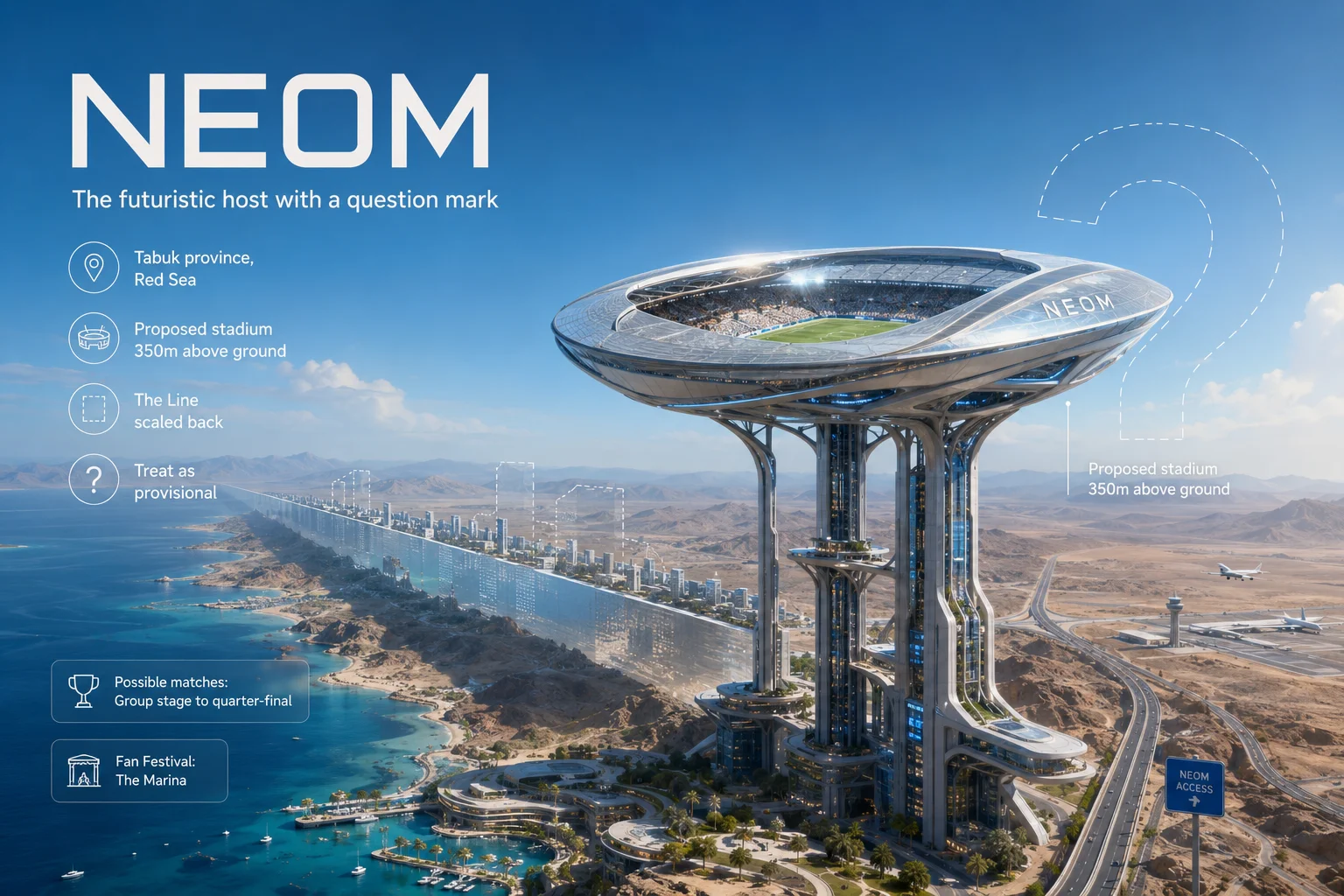 رسم رقمي مستقبلي يحمل عنوان NEOM بعنوان "المضيف المستقبلي بعلامة استفهام." تصور الصورة هيكل ناطحة سحاب شامخ على طول ساحل صحراوي، يتوّج بملعب حلقي مرتفع 350 مترًا فوق الأرض، مع وجود ملعب كرة قدم مرئي بداخله. يمتد هيكل خطي ضخم معكوس إلى الأفق البعيد يعكس السماء الزرقاء والبحر. تشير النقاط في اليسار إلى أن الموقع يقع في محافظة تبوك بالقرب من البحر الأحمر، وأن مفهوم "الخط" تم تقليصه، وأن وضع الملعب مؤقت، لكن من المقرر أن يستضيف مباريات من دور المجموعات حتى ربع النهائي.