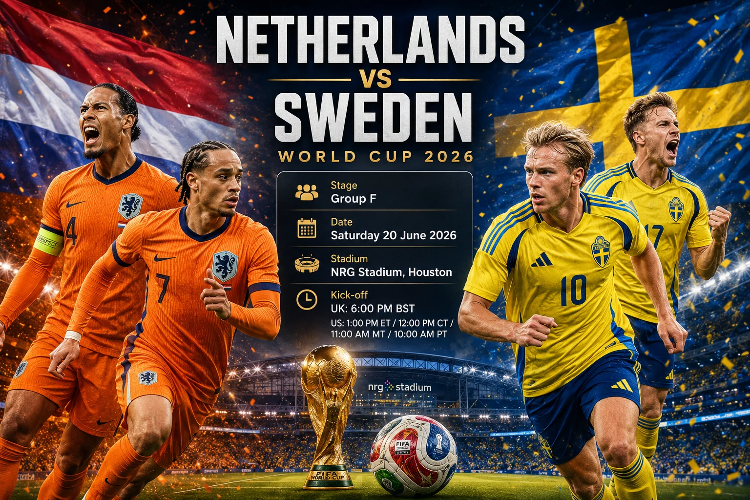 شاشة ترويجية لمباراة كأس العالم 2026 لمرحلة المجموعات تُظهر "هولندا ضد السويد." الجانب الأيسر يُظهر لاعبًا هولنديًا يحتفل بقميص برتقالي ساطع ضد خلفية برتقالية مطابقة مع شعار اتحاد كرة القدم الهولندي. الجانب الأيمن يظهر لاعبًا سويديًا يرتدي ملابس زرقاء وصفراء مقابل خلفية زرقاء بجانب شعار الاتحاد السويدي لكرة القدم. كأس العالم الذهبية تفصل التصميم فوق نص المباراة: "22 يونيو | سياتل، واشنطن."