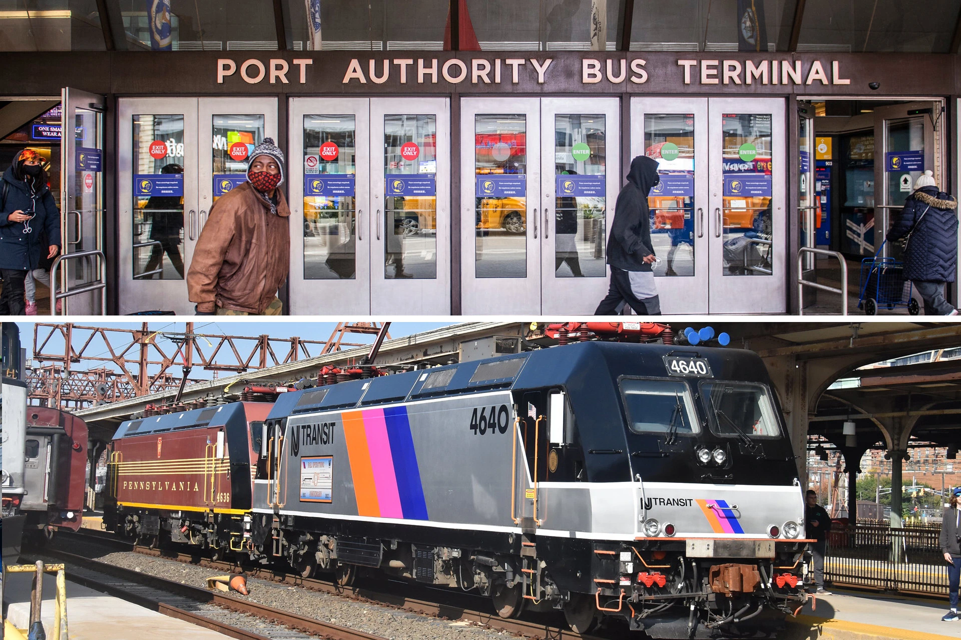 خيارات النقل في نيويورك نيوجيرسي تُظهر محطة الحافلات Port Authority وقطار NJ Transit للسفر إلى استاد MetLife.