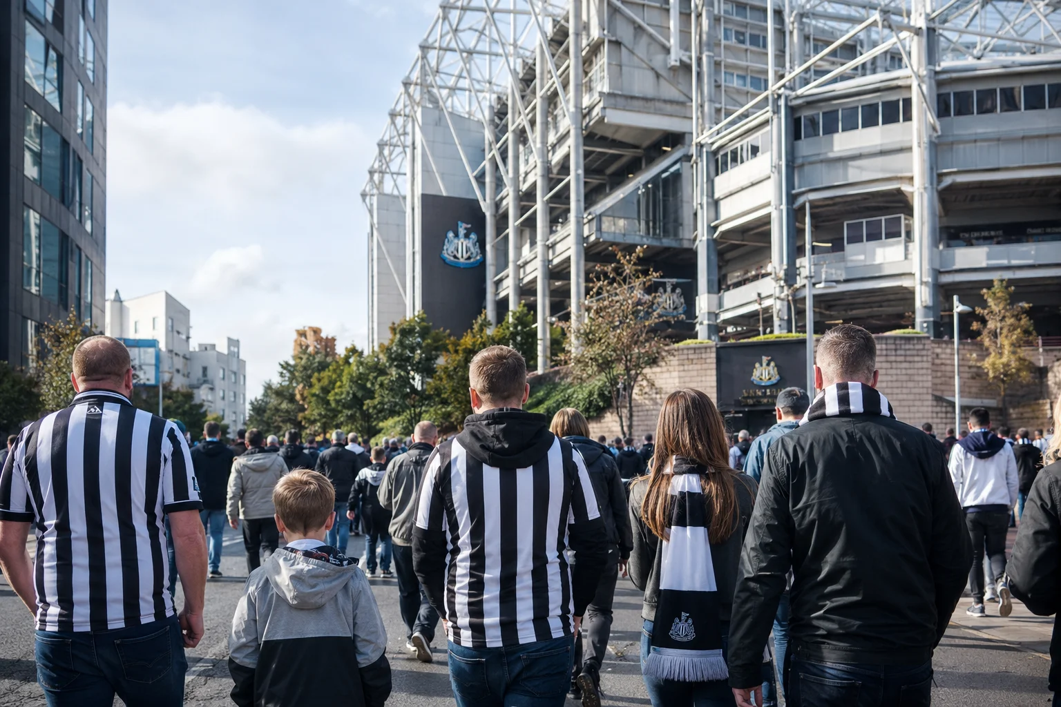 View from behind of Newcastle United supporters dressed in black-and-white striped jerseys and team scarves walking down the street toward St. James' Park stadium on matchday.