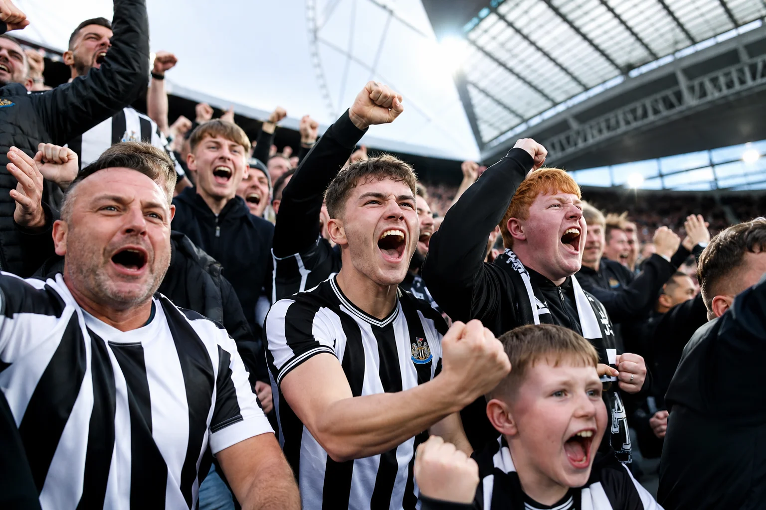 An ecstatic crowd of Newcastle United fans in black-and-white striped jerseys cheering passionately with clenched fists raised in the stands at St. James' Park.