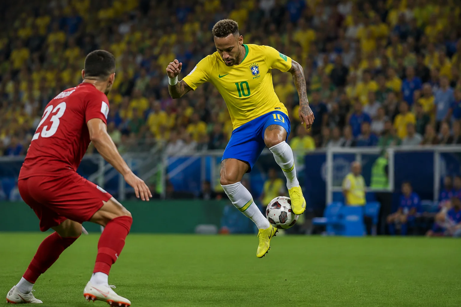 Brazilian forward Neymar, sporting his yellow number 10 jersey and blue shorts, leaps into the air to execute a highly technical "rainbow flick" skill move over an opposing defender in a red kit. He is captured mid-air, gripping the soccer ball between his feet to lift it over his own head and past the defender on a brightly lit pitch, with crowded stadium stands filling the background.