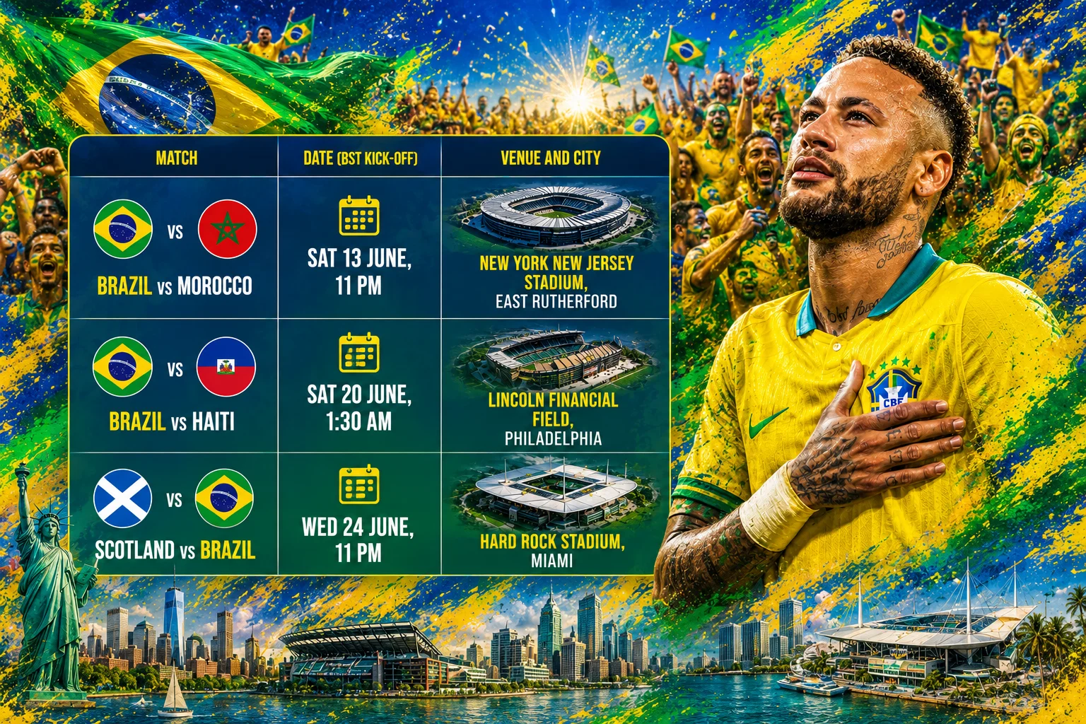 Brazil World Cup 2026 match schedule graphic showing fixtures against Morocco, Haiti and Scotland with a Brazil footballer and celebrating fans.