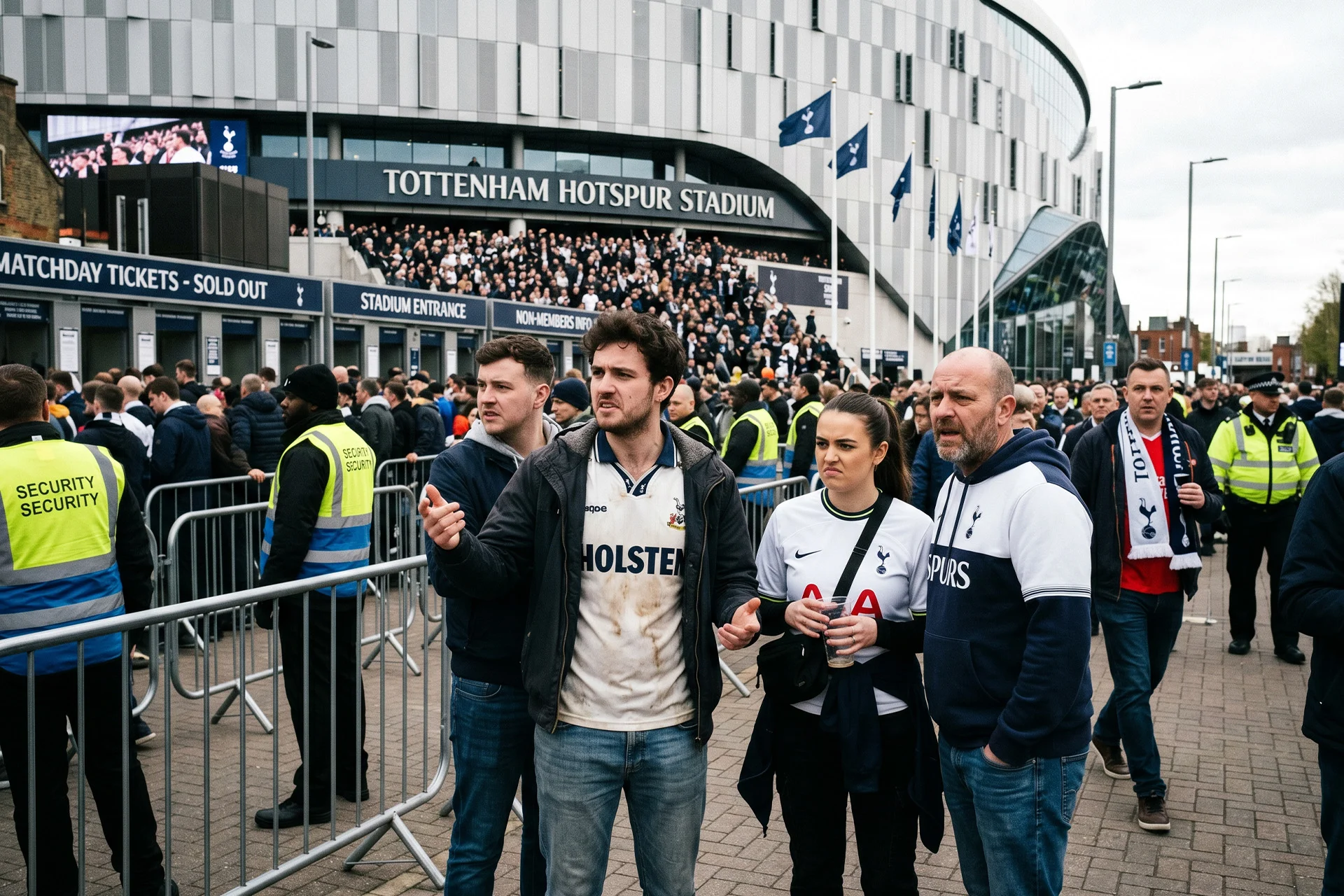Tottenham Hotspur fans outside Tottenham Hotspur Stadium on matchday near security barriers and ticket entrances.
