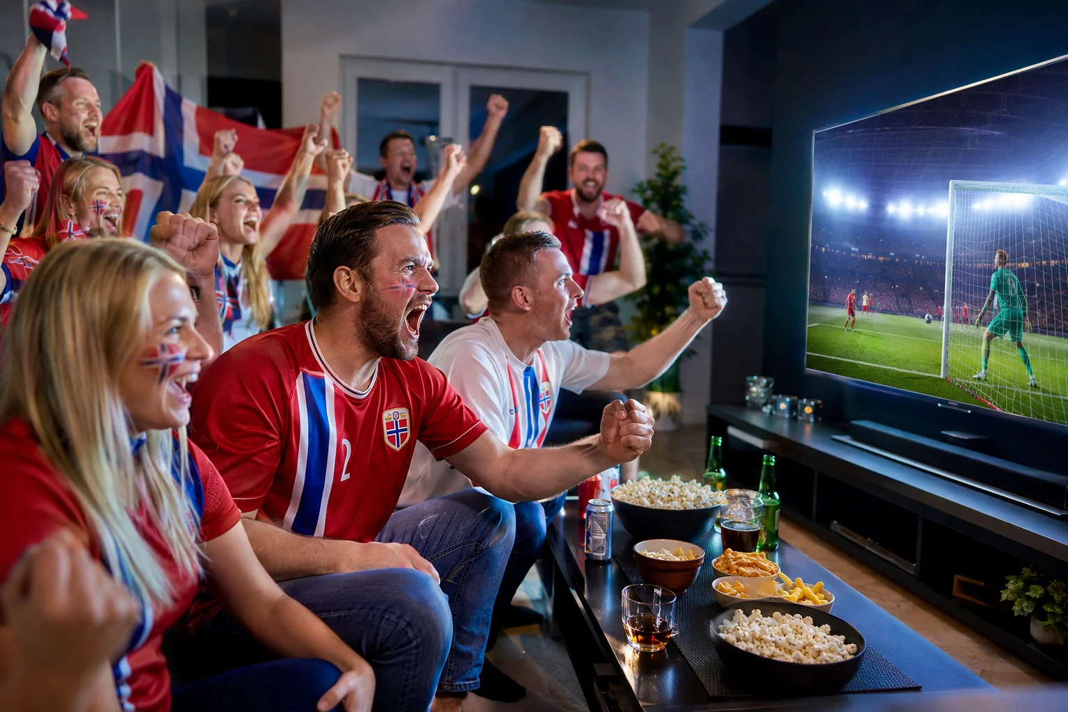 مشجعو النرويج يشجعون بالأعلام أثناء مشاهدة مباراة كأس العالم 2026 على التلفزيون في المنزل.