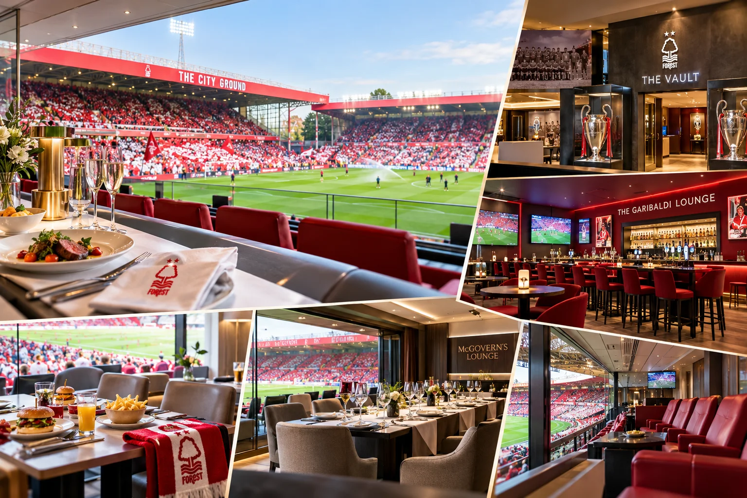 A collage showcasing luxury hospitality options at The City Ground, featuring dining tables with views of the pitch, the Garibaldi Lounge bar, McGovern's Lounge, and trophy displays in The Vault.