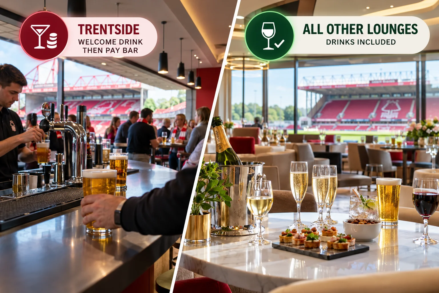 A split graphic comparing the Trentside Lounge, which offers a welcome drink before operating as a pay bar, against all other lounges where drinks are fully included.