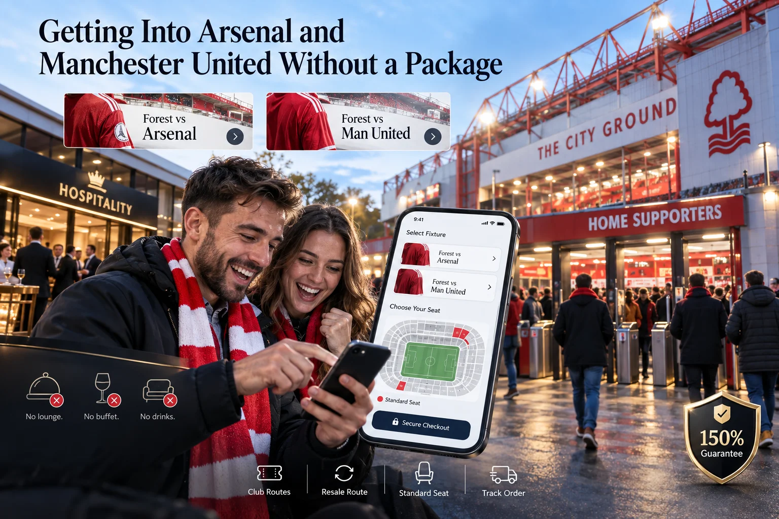 A smiling couple outside Nottingham Forest's City Ground stadium holding a smartphone displaying match booking options, with graphics highlighting ticket resale routes and standard seats with no hospitality package inclusions.