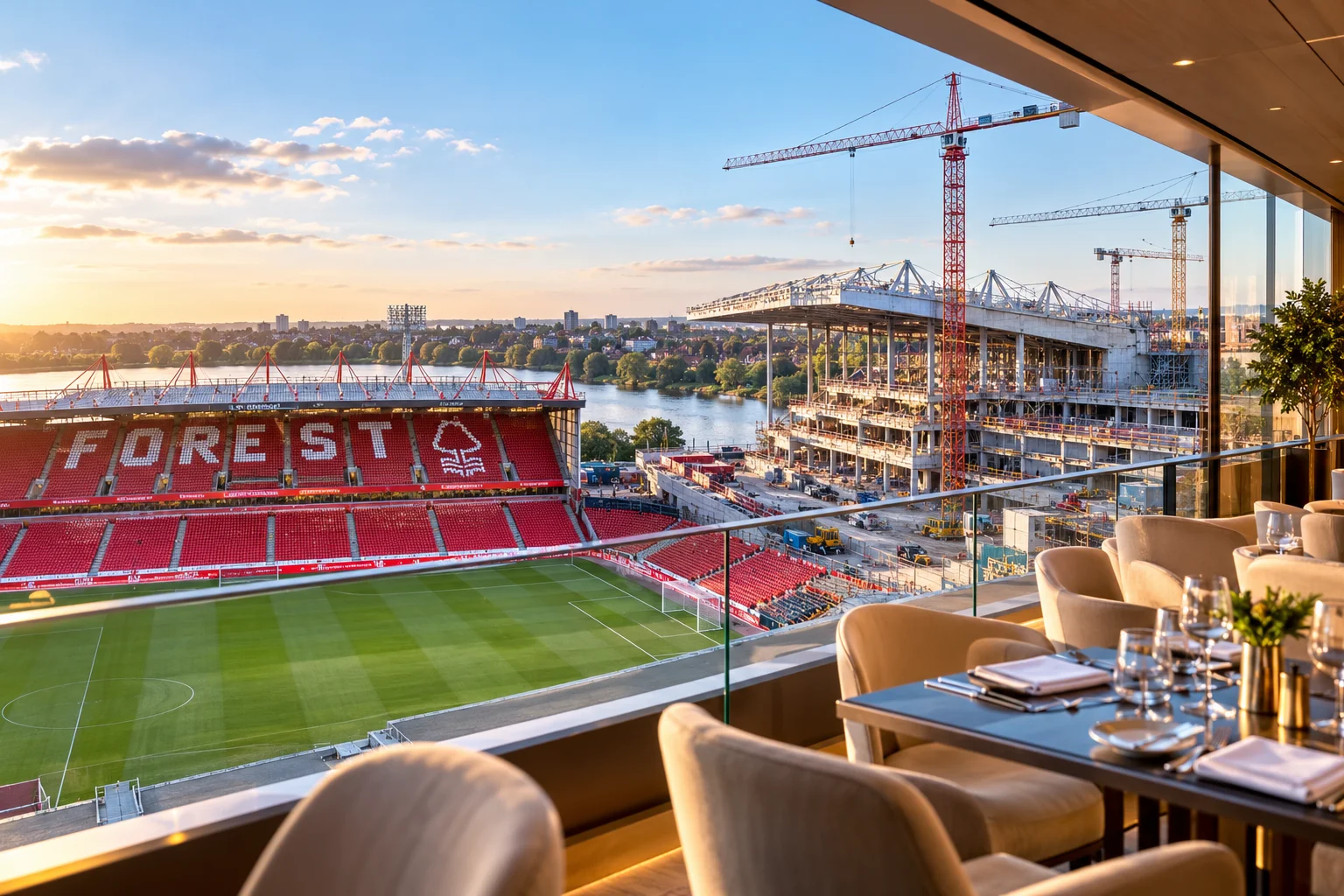View from a luxury dining space overlooking Nottingham Forest's football pitch at The City Ground, with stadium stand construction underway across the field under a clear sky.