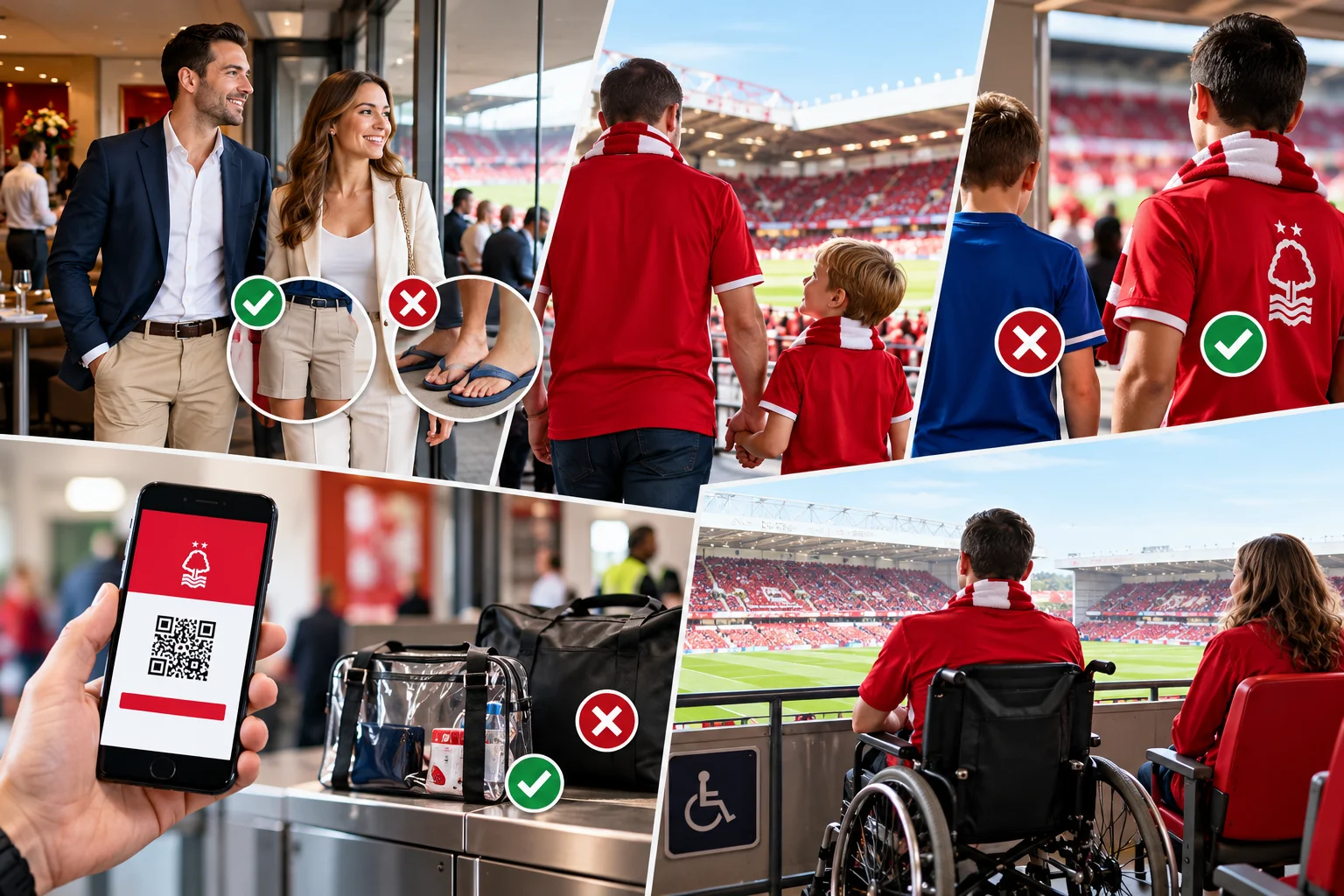 A collage illustrating stadium rules and guidelines, including dress codes, allowed clear bags versus forbidden large bags, digital ticket scanning, and accessible wheelchair seating options.